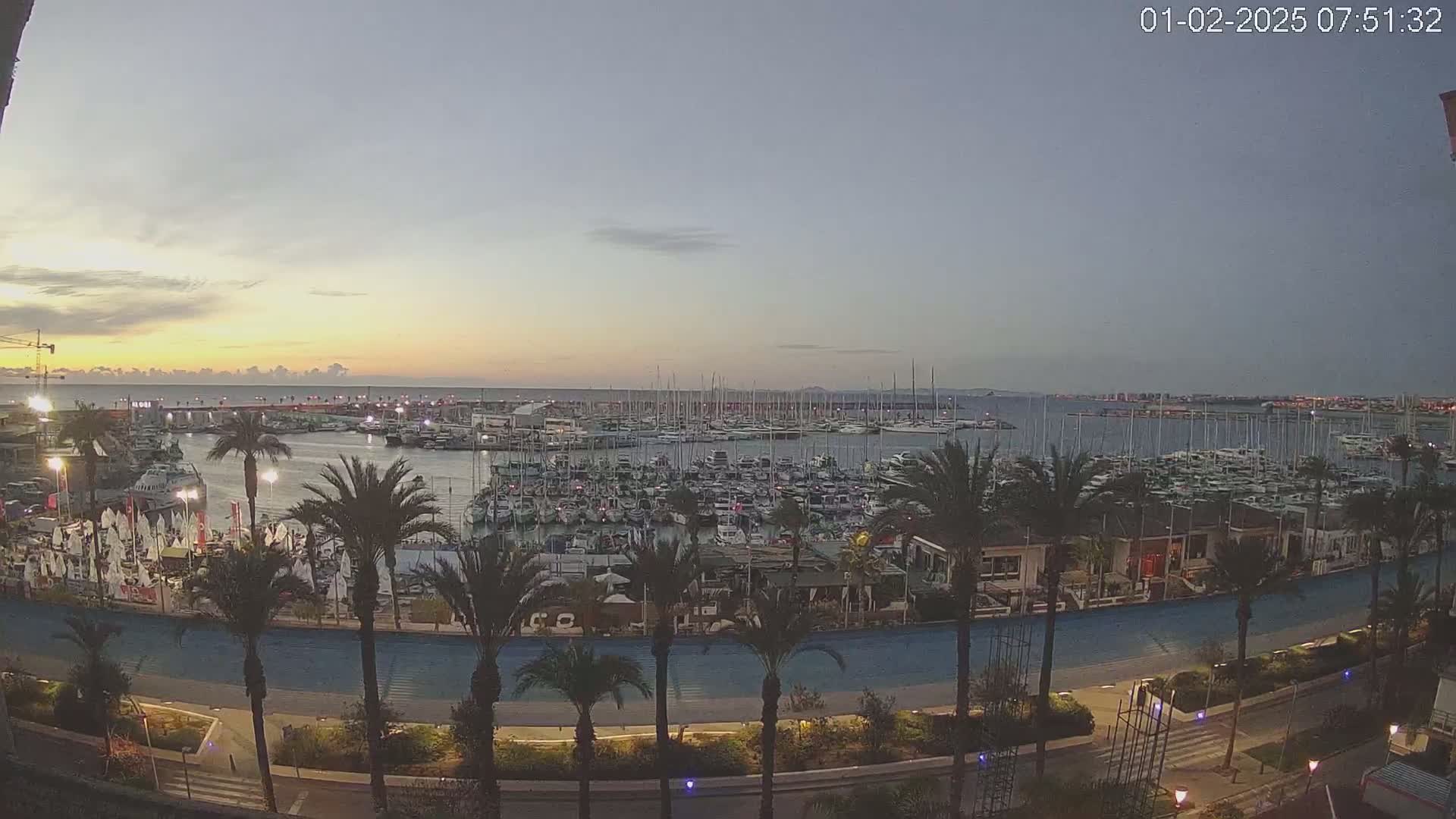 A sunrise illuminates a marina filled with numerous boats and yachts, bordered by palm trees and a paved walkway, under a mostly clear sky.