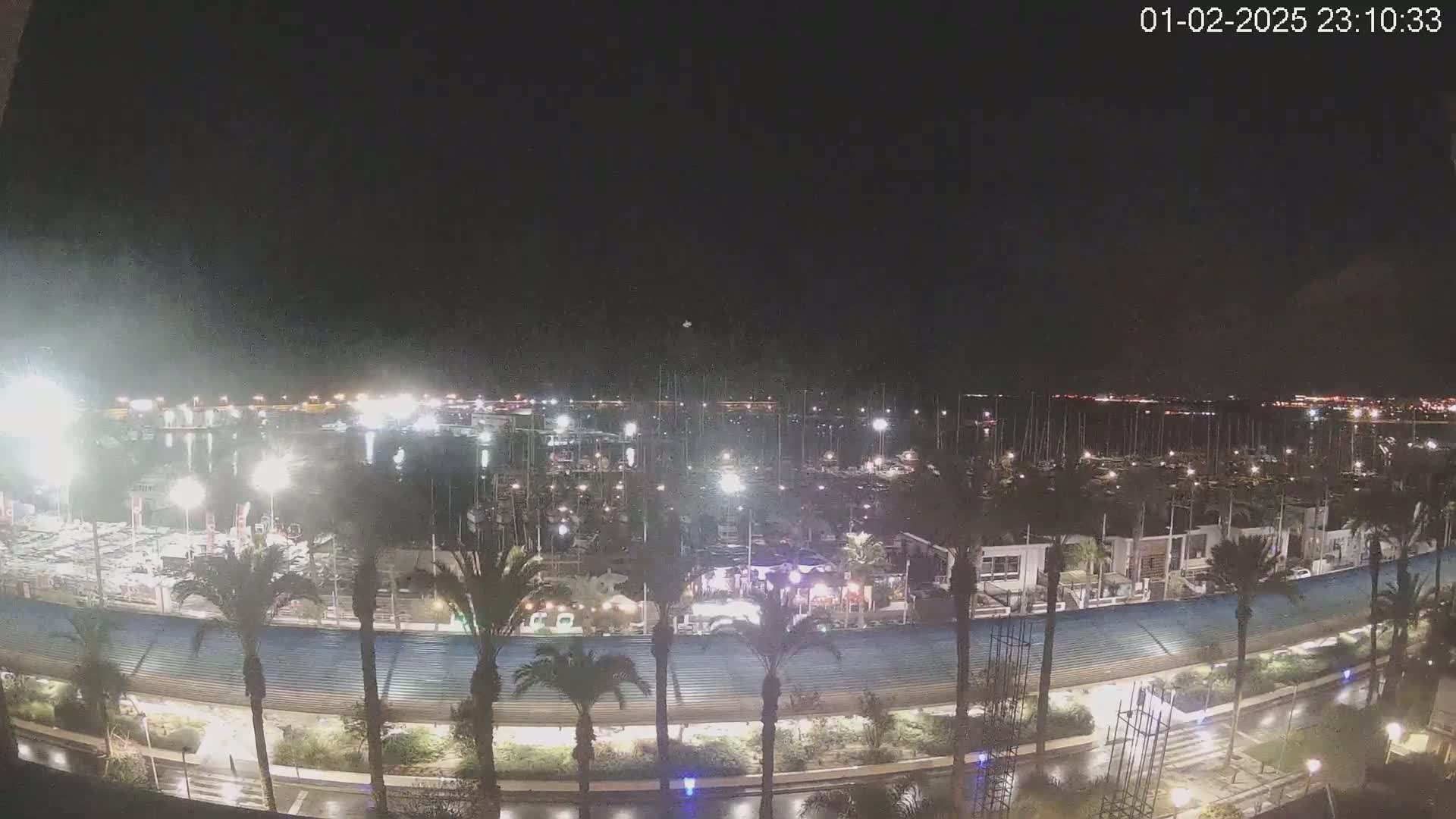 A nighttime, high-angle view of a marina filled with boats, lined with palm trees and buildings along a waterfront promenade.