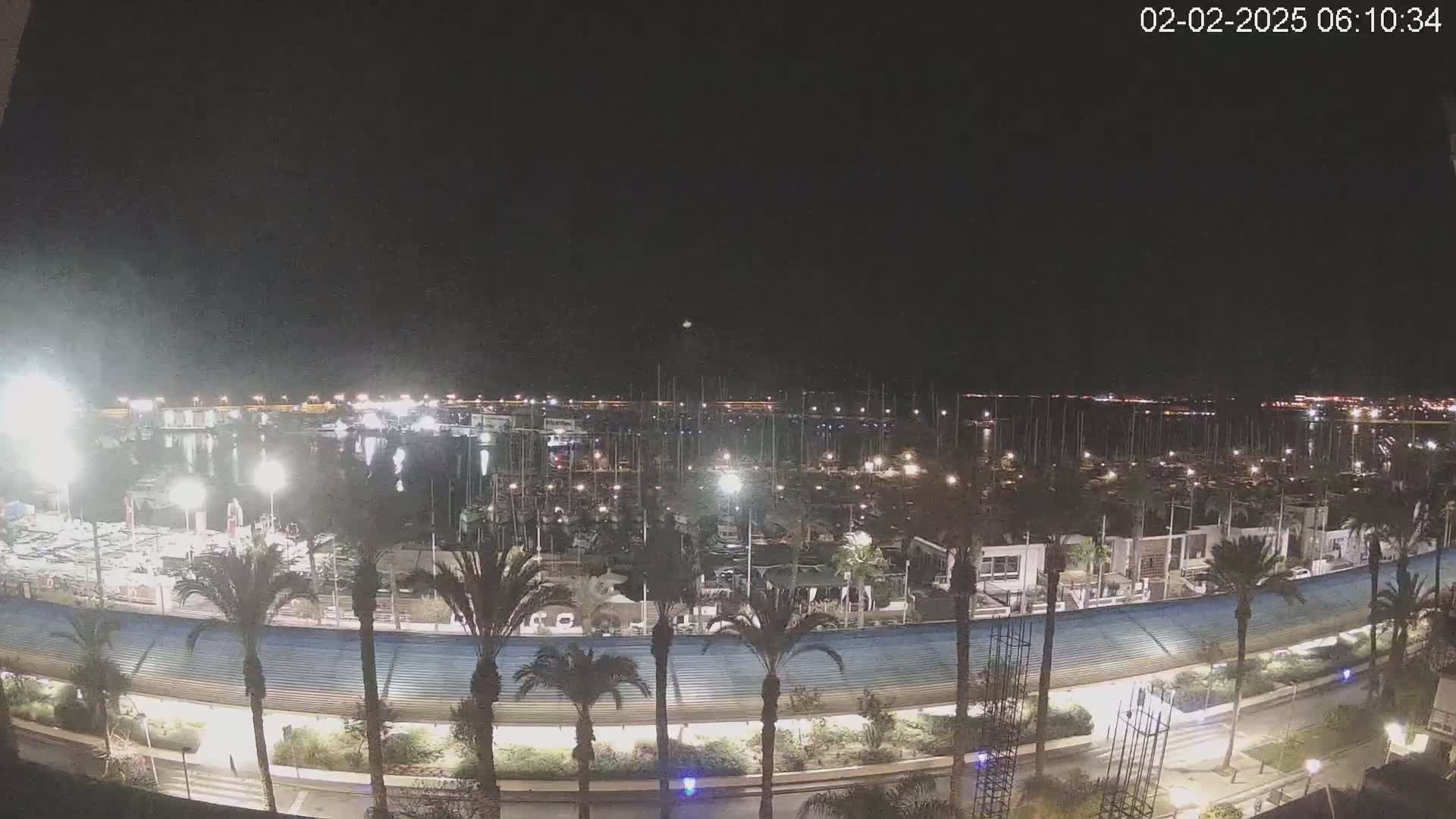 A nighttime, aerial view shows a marina filled with boats, surrounded by palm trees and a curved roadway.
