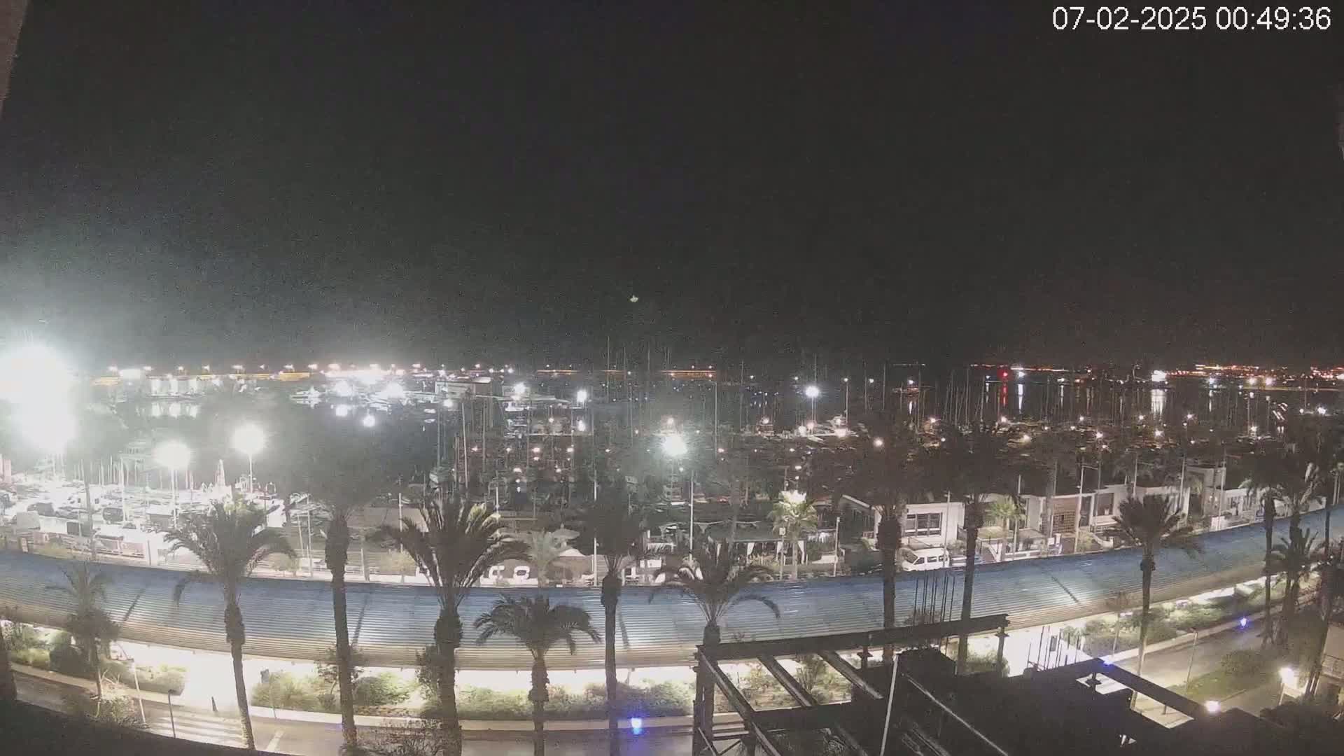 A nighttime view of a marina filled with boats, illuminated by artificial lights, under a clear, dark sky.