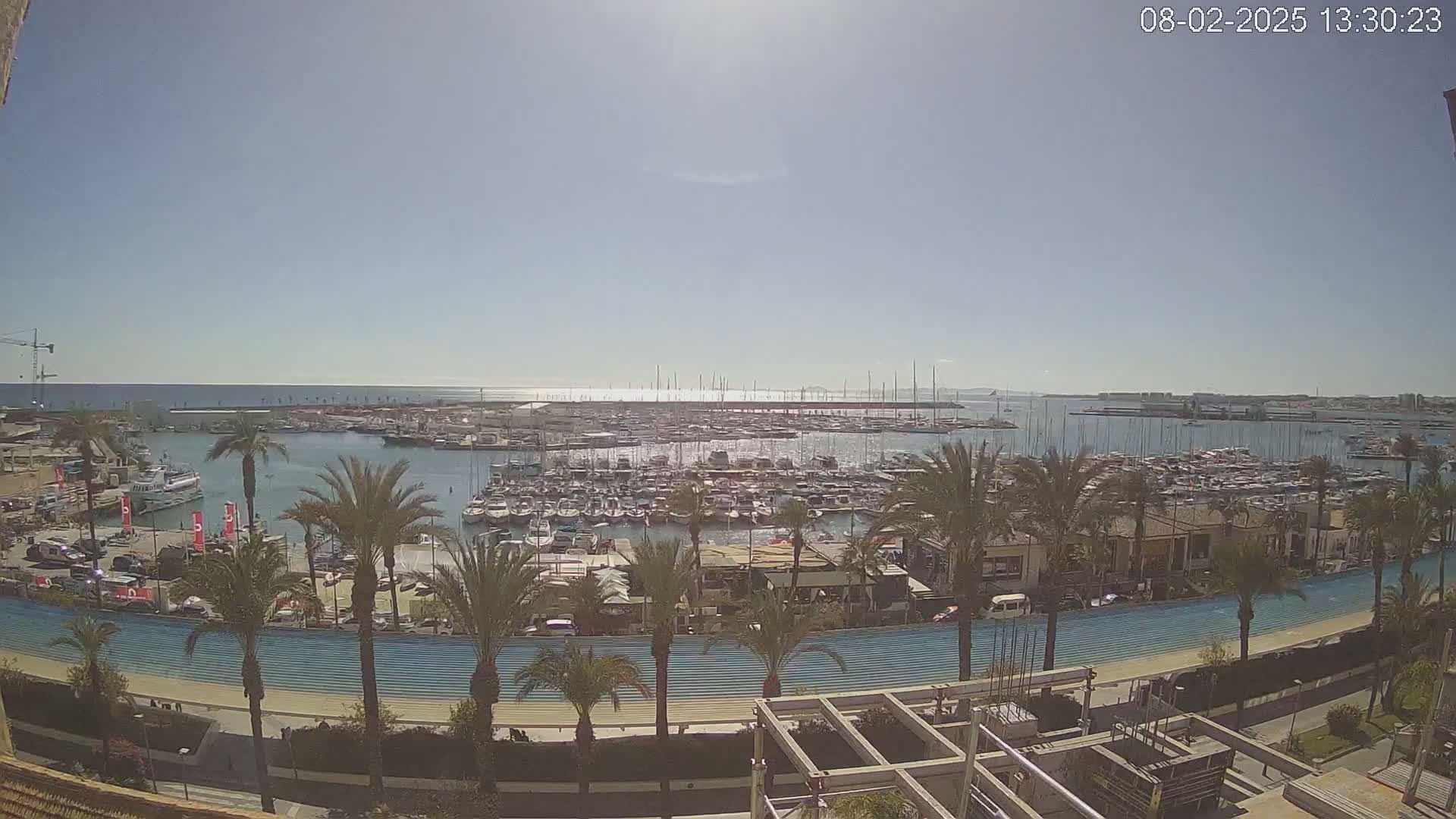 A sunny day overlooking a marina filled with many boats, palm trees lining a waterfront promenade and a partially constructed building in the foreground.