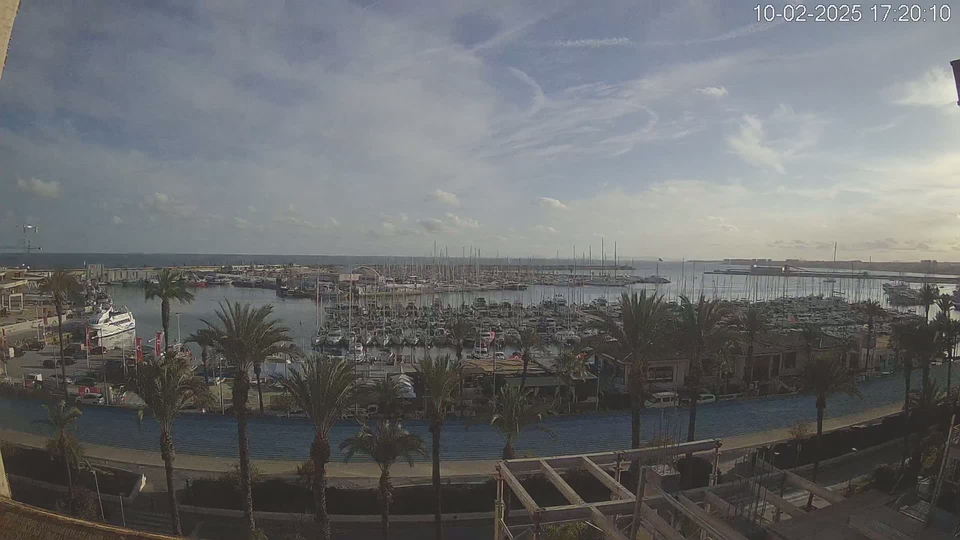 A partly cloudy day reveals a marina filled with numerous boats and yachts, surrounded by palm trees and a paved walkway.