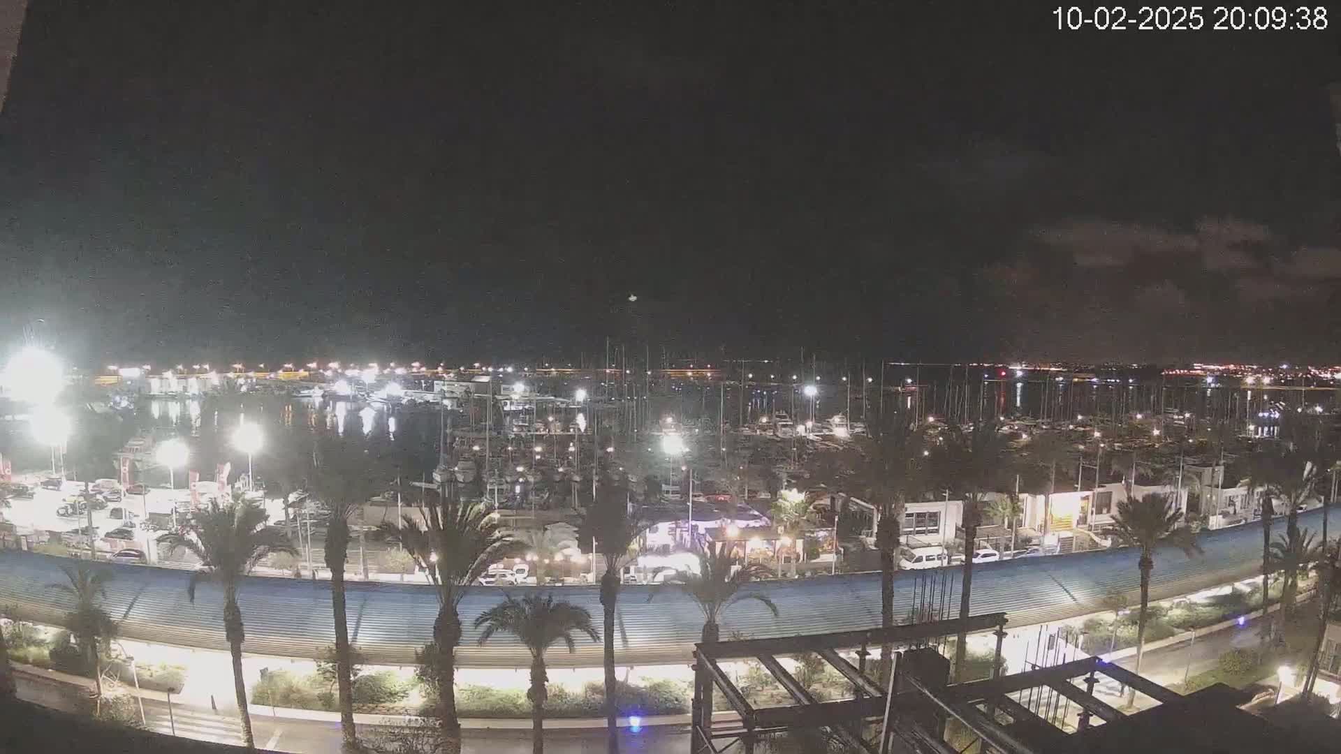A nighttime view of a marina filled with boats, lined with palm trees and buildings, under a partly cloudy sky.