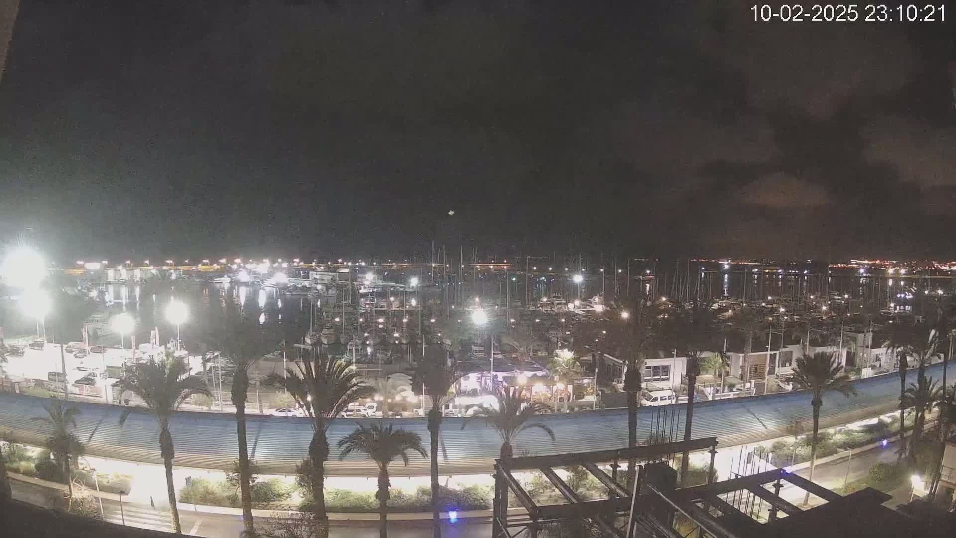 A nighttime view of a marina filled with boats, lined with palm trees and buildings under a partly cloudy sky.