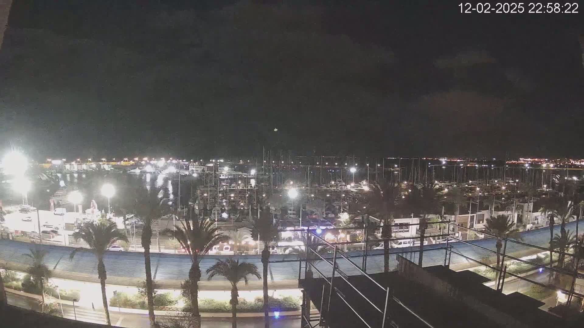A nighttime view of a marina filled with boats, illuminated by lights, under a dark, cloudy sky.