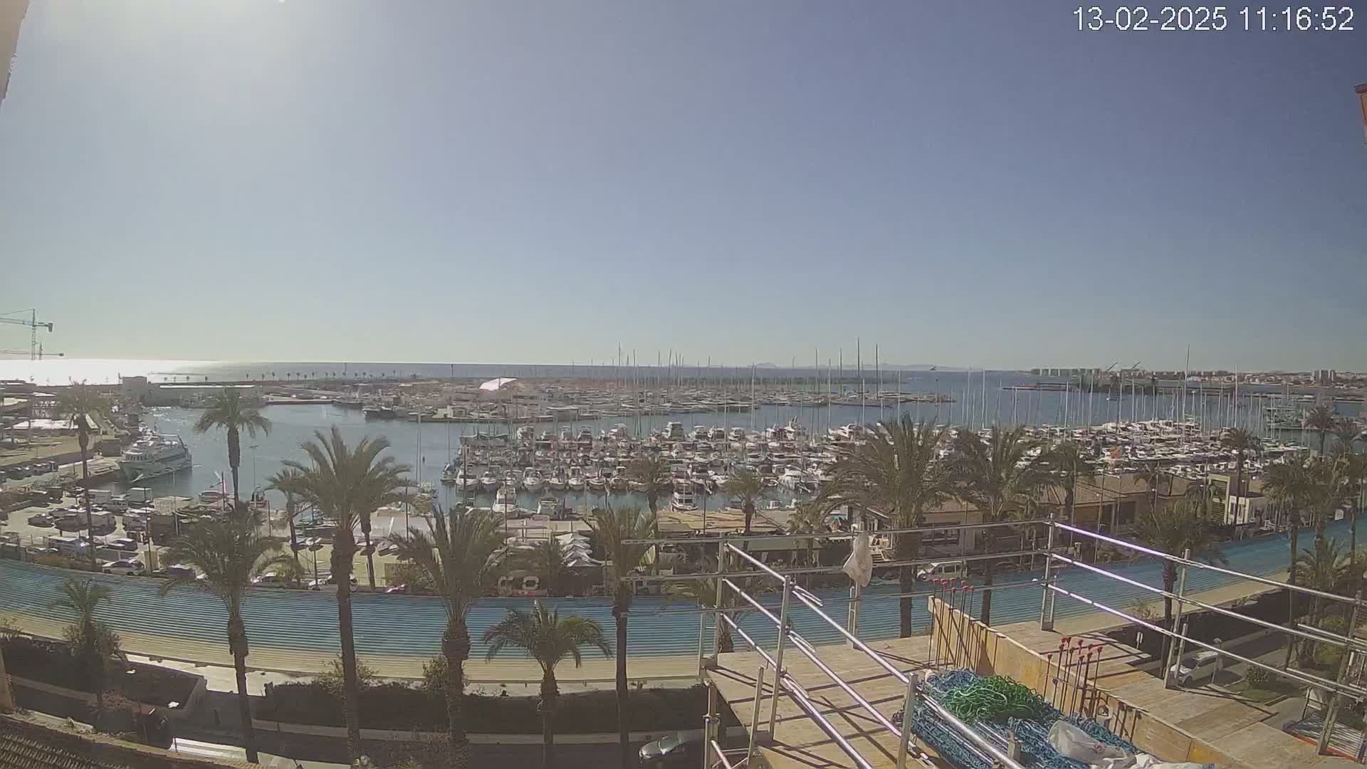 A sunny day overlooking a marina filled with numerous boats and yachts, surrounded by palm trees and a waterfront promenade with construction scaffolding visible in the foreground.