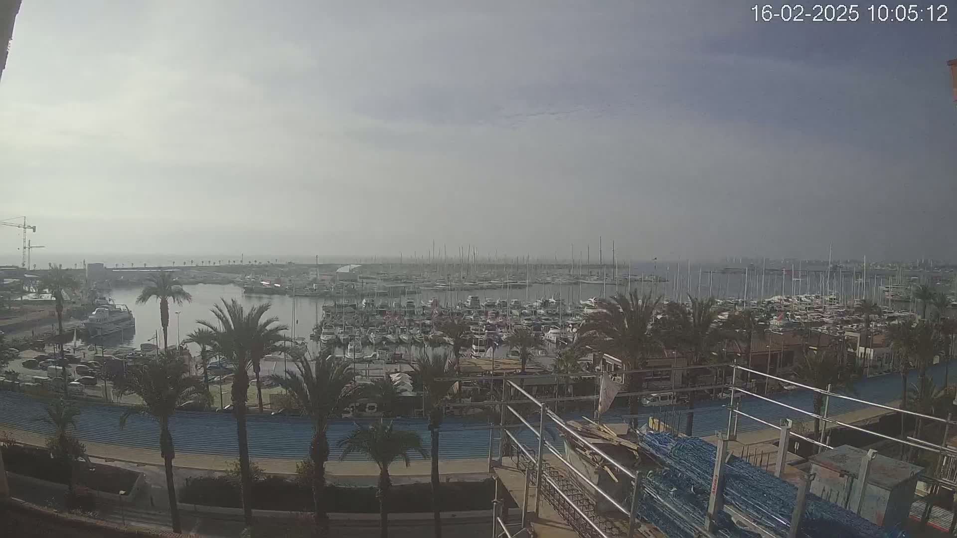 A hazy day reveals a marina filled with numerous boats, surrounded by palm trees and a waterfront promenade under construction.