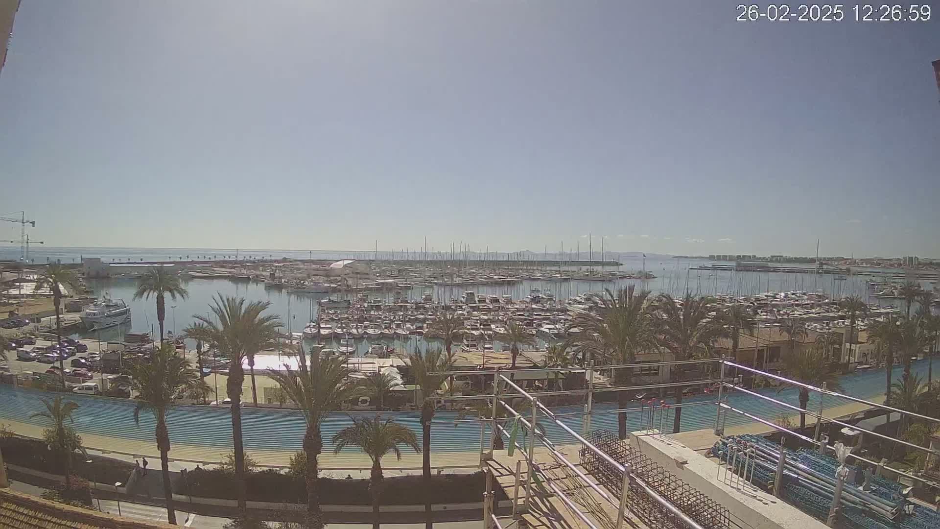 A sunny day overlooking a harbor filled with numerous boats and yachts, palm trees lining a waterfront promenade under construction.