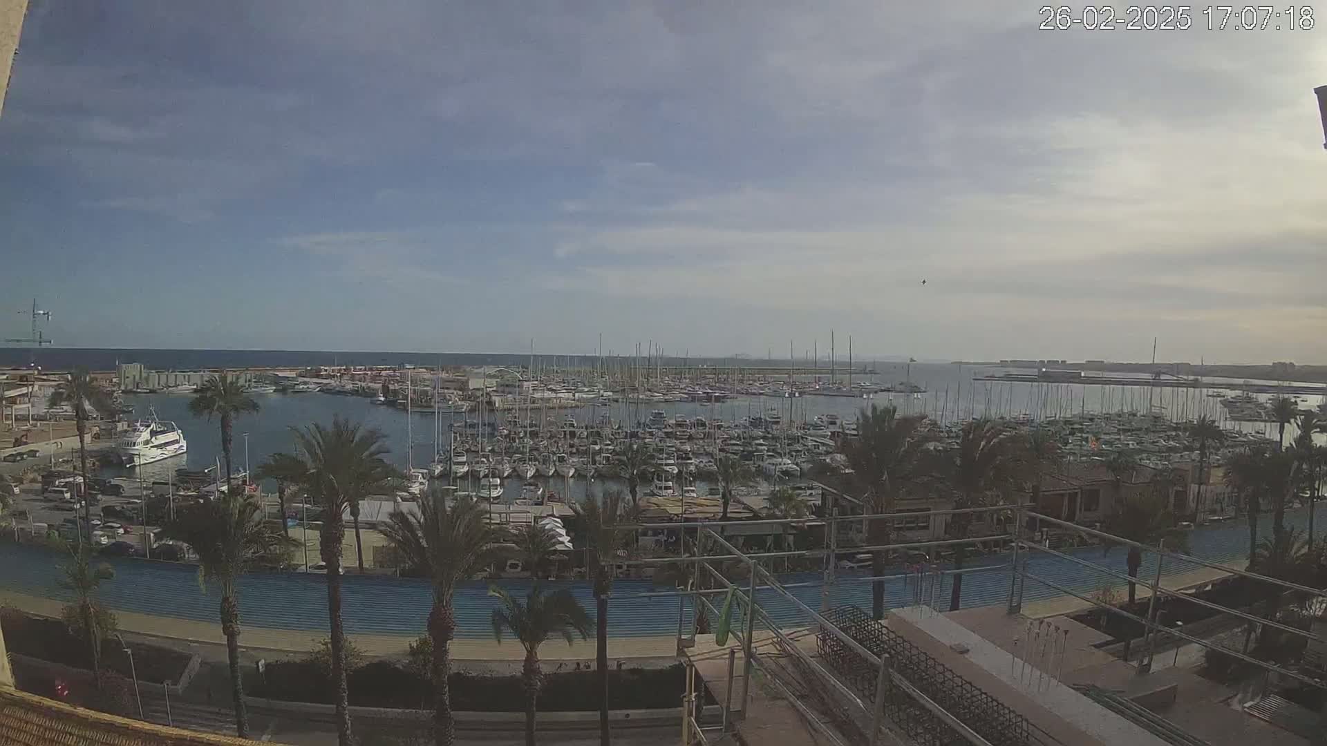 A mostly sunny day overlooks a harbor filled with many boats and sailboats, palm trees, and buildings along a waterfront road.