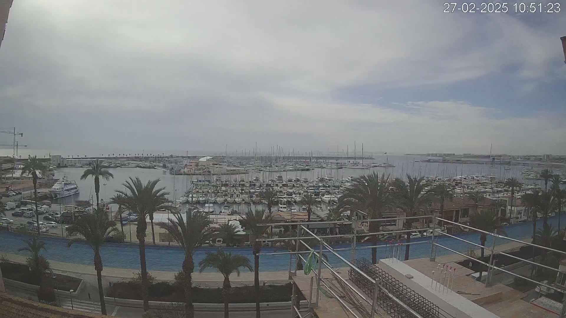 A harbor filled with numerous boats and yachts is viewed from a distance under an overcast sky, with palm trees lining a waterfront walkway next to a construction site.
