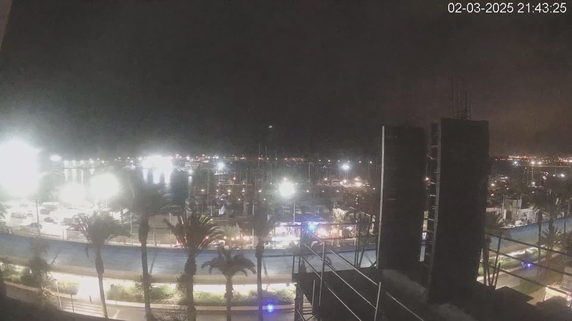 A nighttime, brightly lit marina filled with boats is seen from an elevated vantage point, with palm trees and a partially constructed building in the foreground under a clear sky.