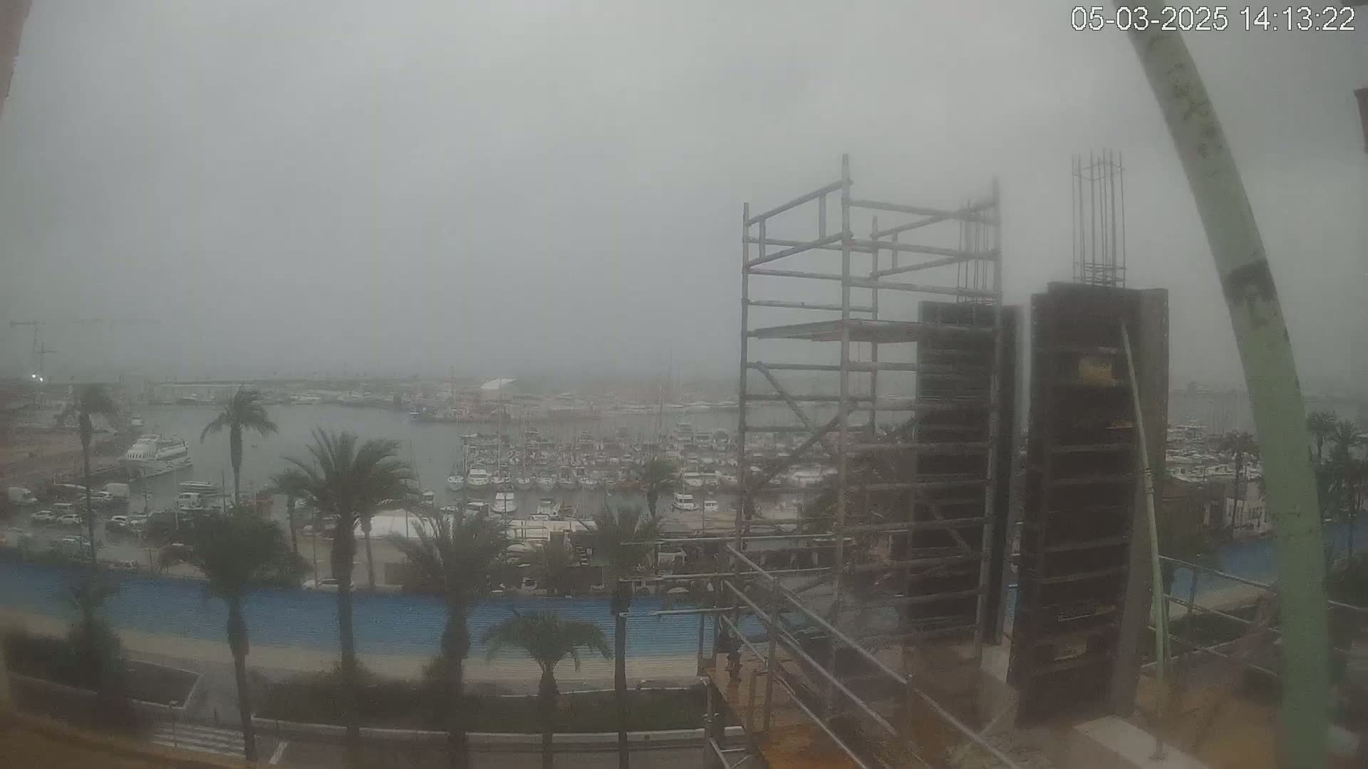 A foggy view of a harbor filled with boats, palm trees, and a construction site with scaffolding.