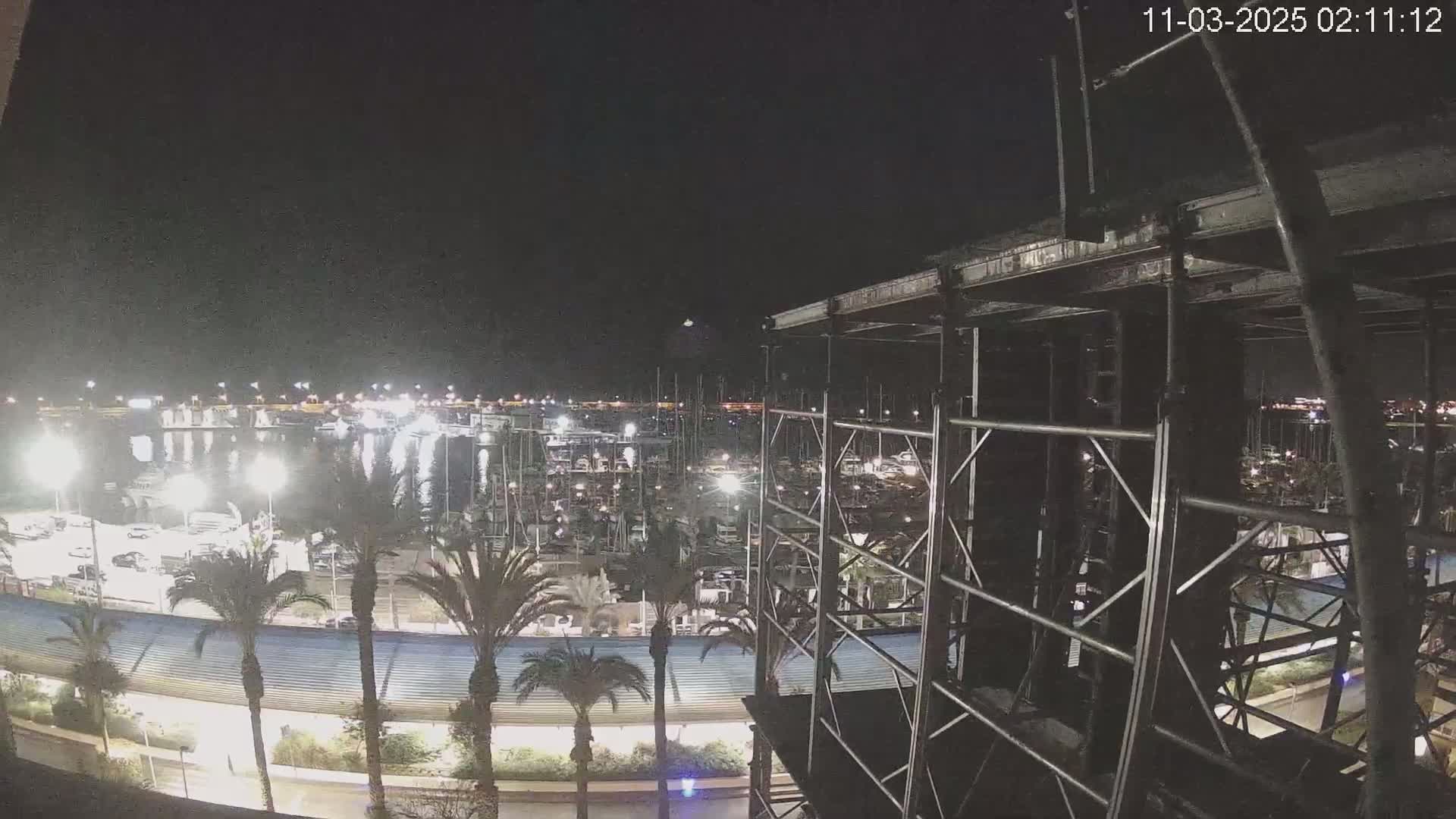 A nighttime view of a marina filled with boats, illuminated by lights, with palm trees lining a nearby walkway, partially obscured by scaffolding.