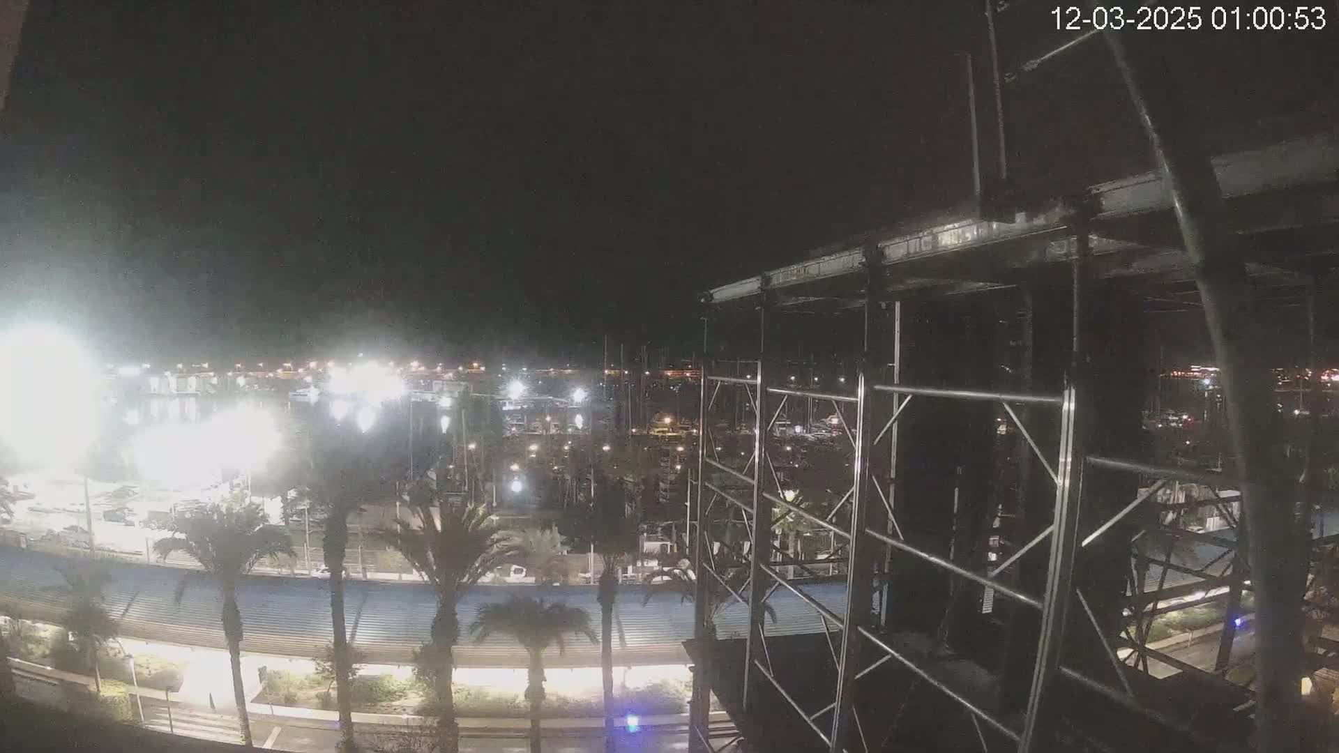A nighttime view of a marina illuminated by lights, with palm trees lining a roadway, seen from an elevated vantage point overlooking a metal scaffolding structure.