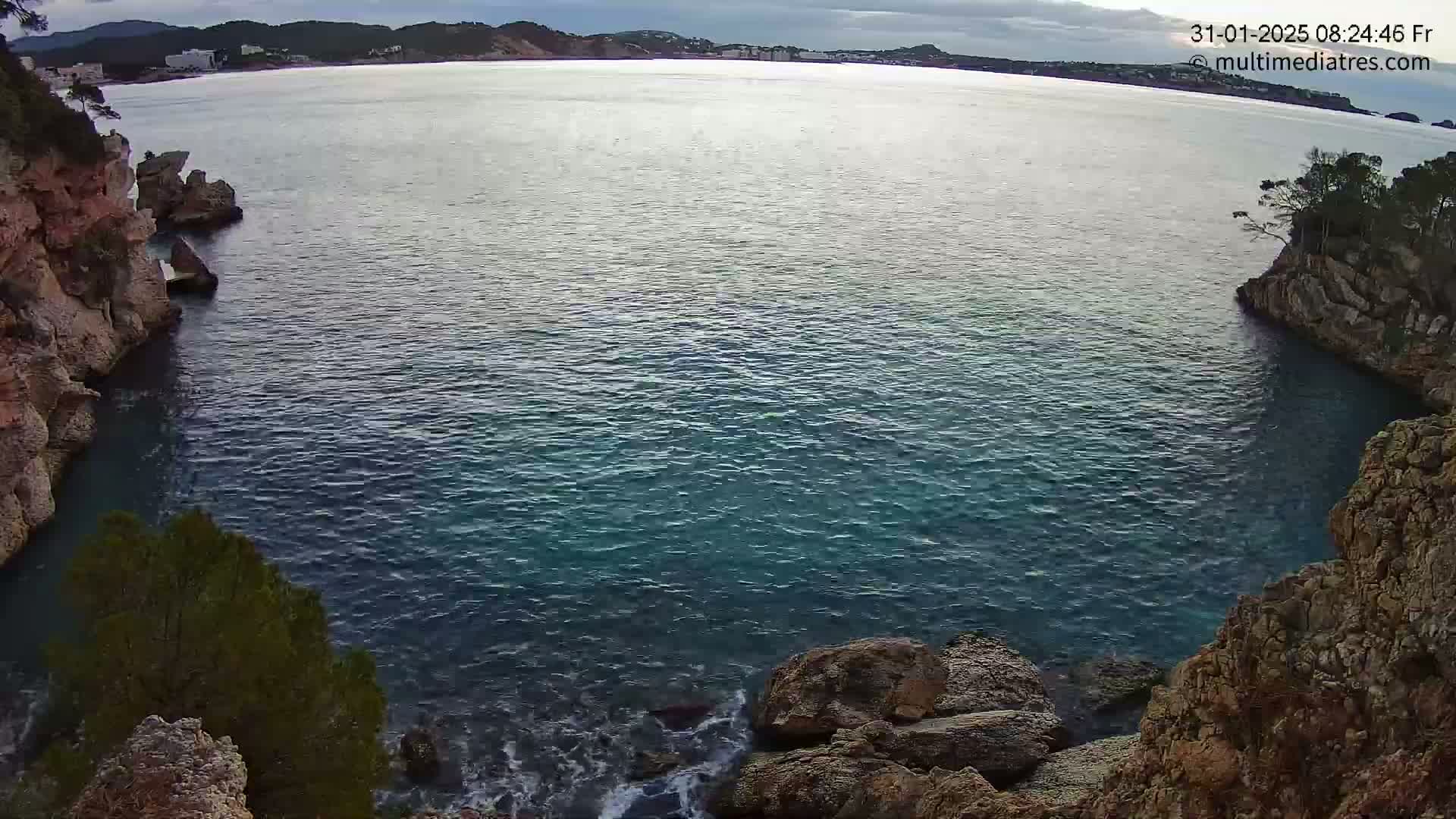A calm, dark-blue sea is nestled between rocky, tree-covered cliffs under an overcast sky.