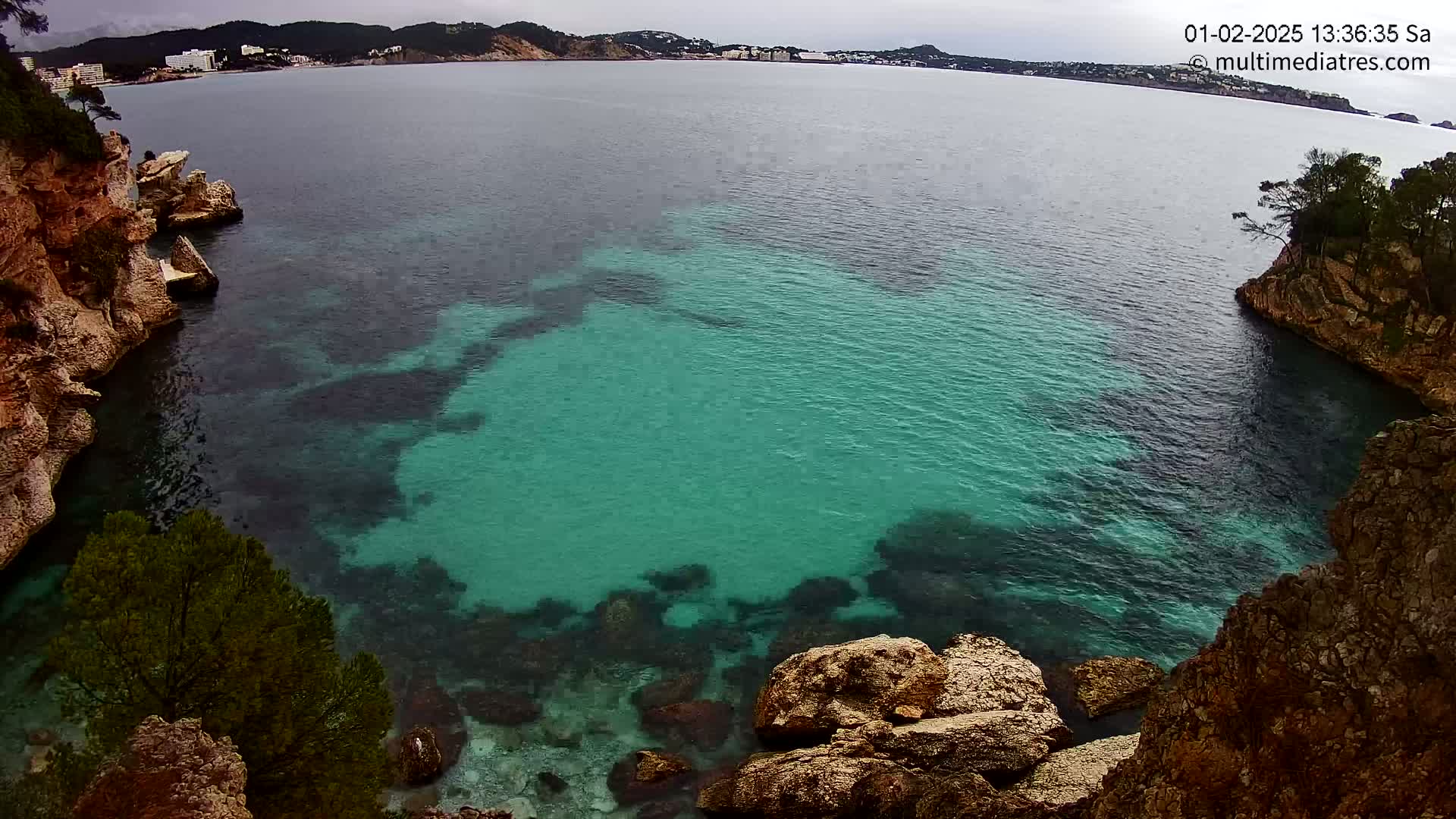 A cove of teal water is nestled between rocky, tree-covered cliffs on an overcast day, with a town visible in the distance across the bay.