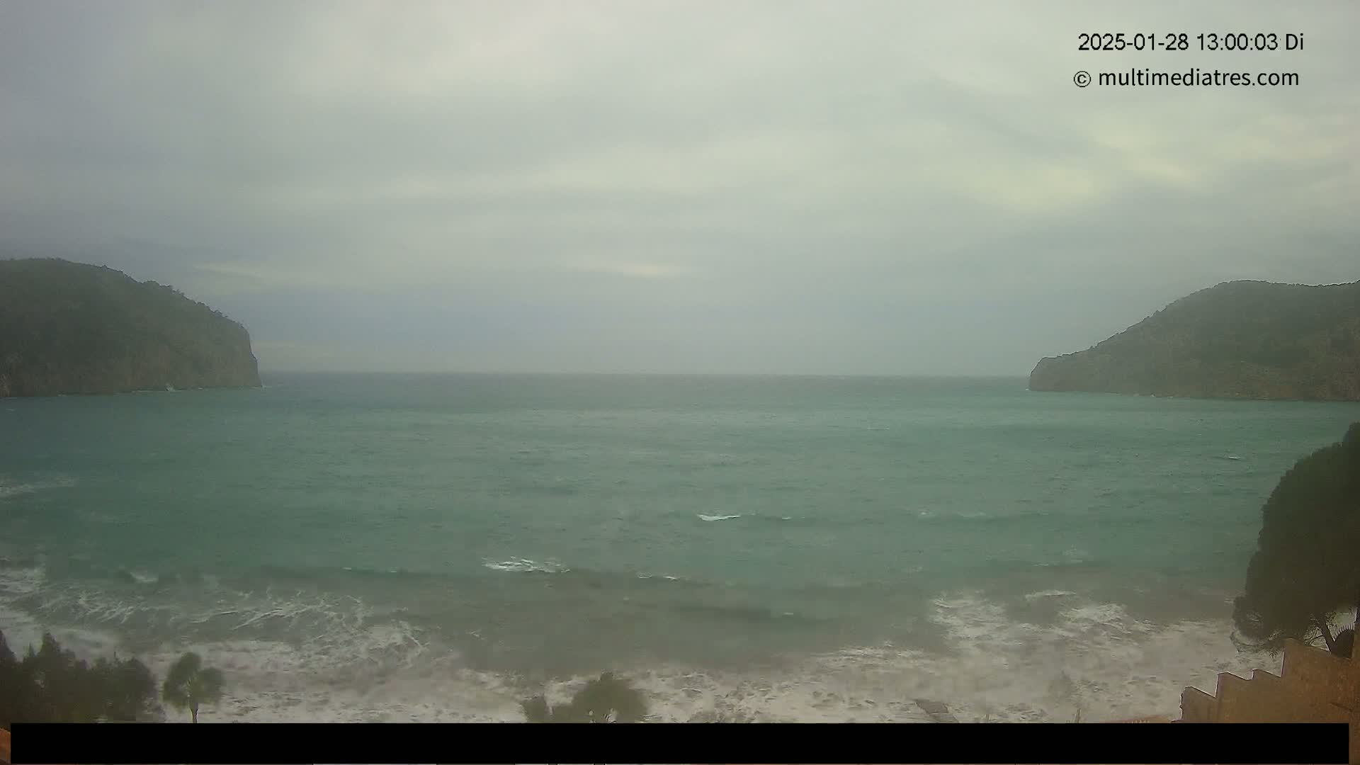 A wide shot of a wavy teal ocean under an overcast sky, framed by dark green hills on either side and a rocky shore in the foreground.