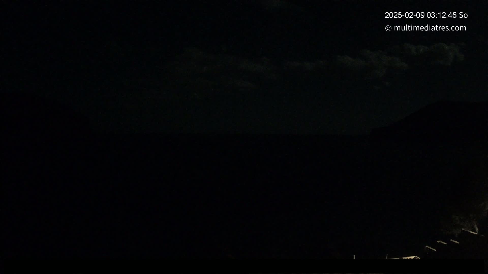 A nighttime scene shows a dark landscape under a slightly cloudy sky with faintly visible structures in the bottom right corner.