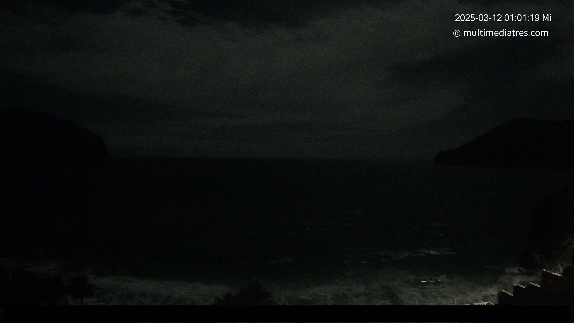 A dark, nighttime view of a body of water between two silhouettes of land under a cloudy sky.