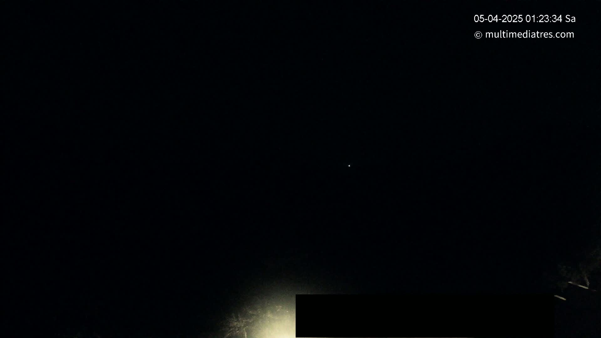 A nighttime outdoor scene shows a dark sky with a single bright star and a faint light source near the bottom, partially obscuring some vegetation.