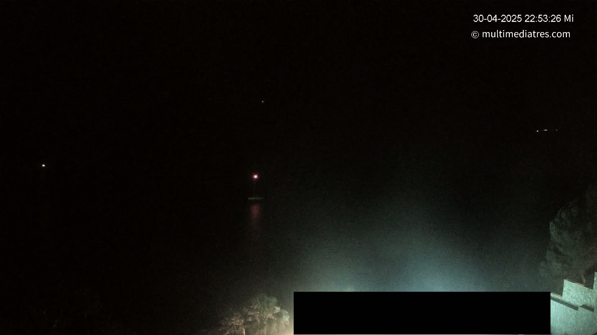 A dark, nighttime scene shows a body of water with a faint light on a boat and some lights on the shore, partially obscured by fog.