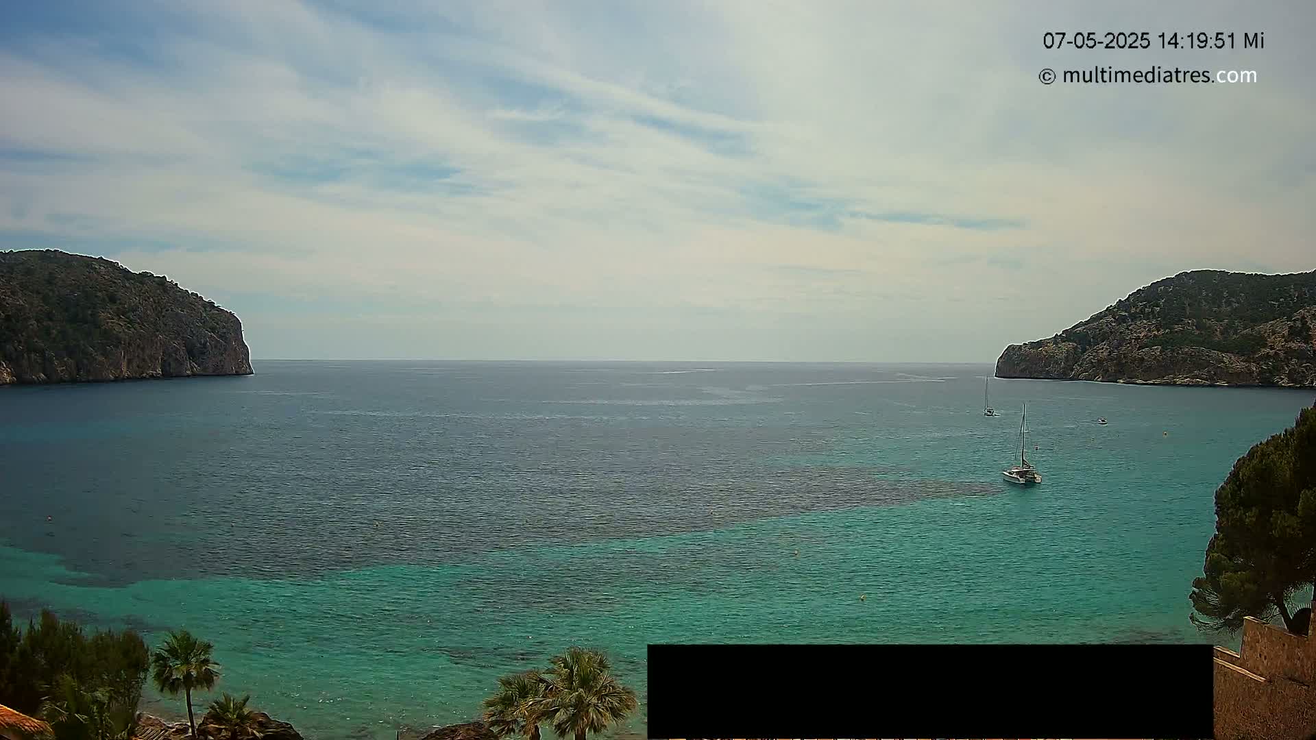 A partly cloudy day reveals a tranquil bay with teal water, two rocky headlands, and a few sailboats.