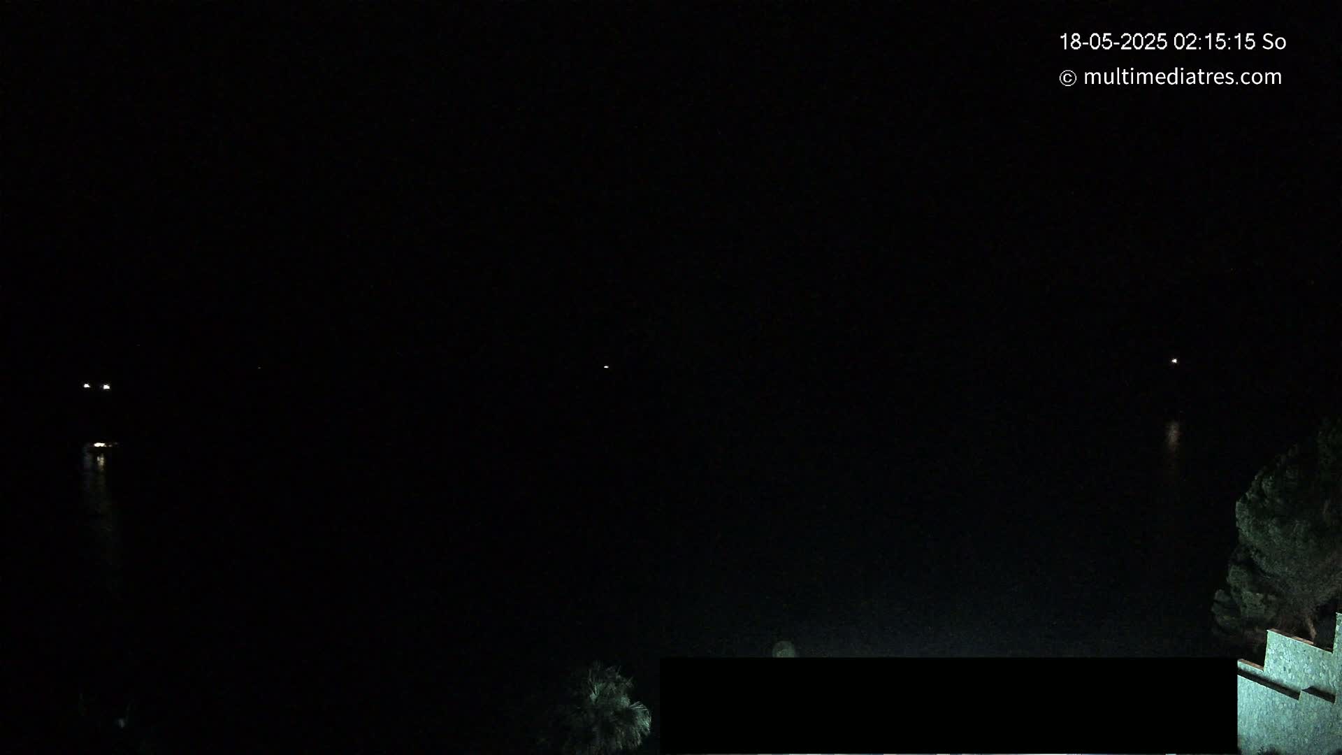 A nighttime view of dark water with a few distant lights and some vegetation on the right, partially obscuring a structure.