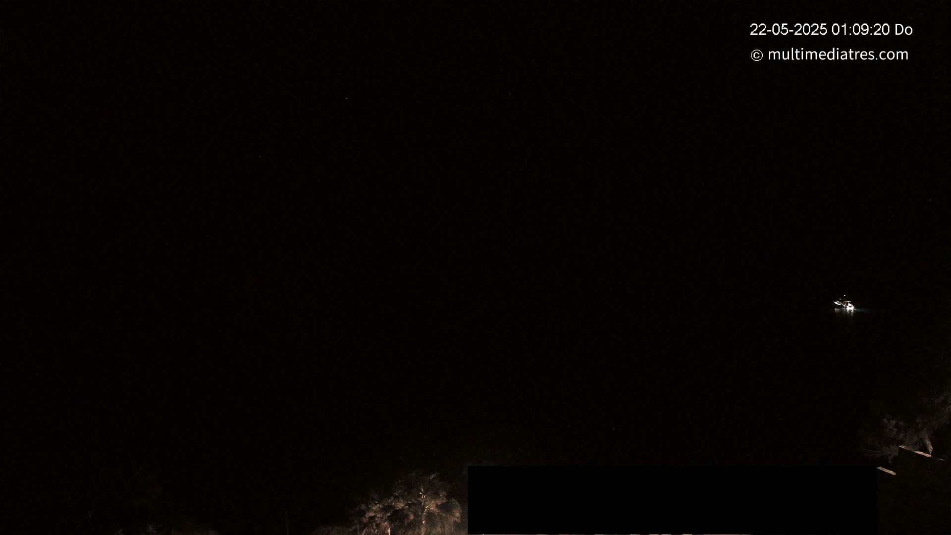 A nighttime, dark scene shows a small light source in the distance, with some dark vegetation visible at the bottom.