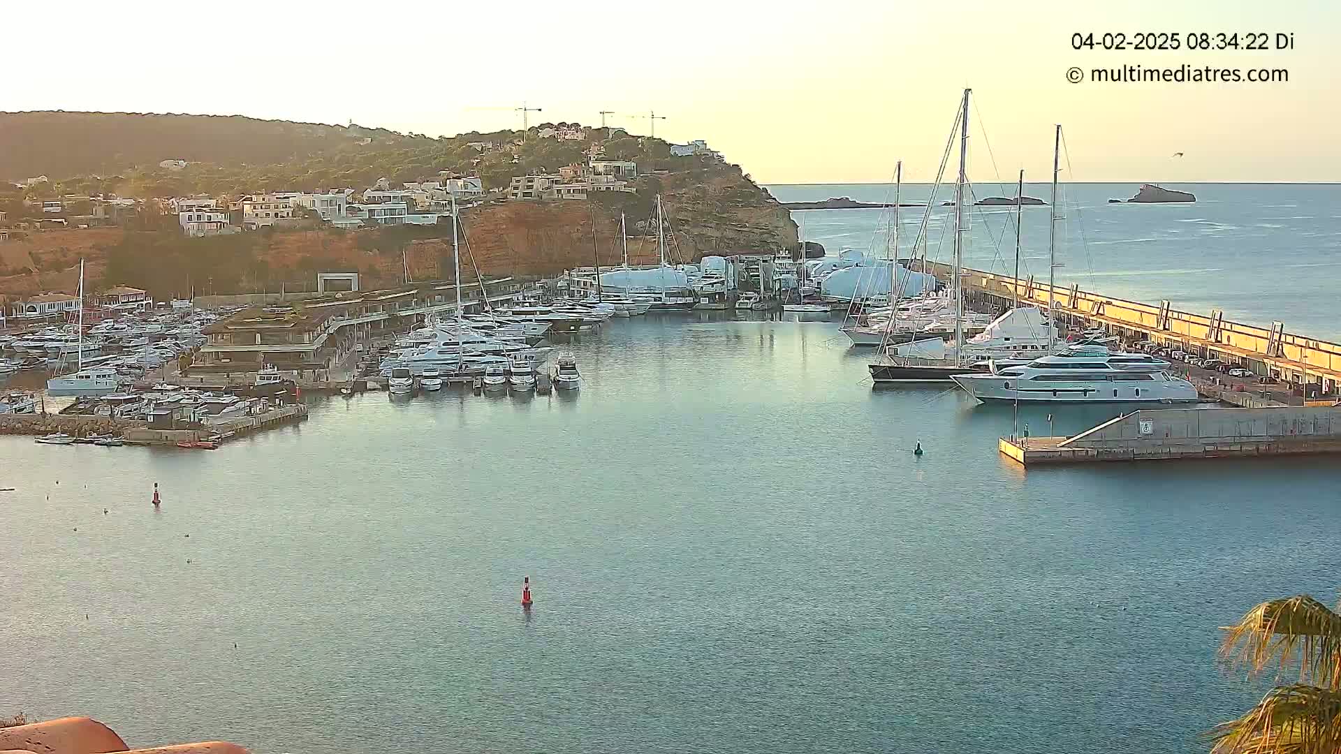 A calm harbor filled with numerous yachts and boats is nestled against a hillside of buildings under a clear, bright sky.
