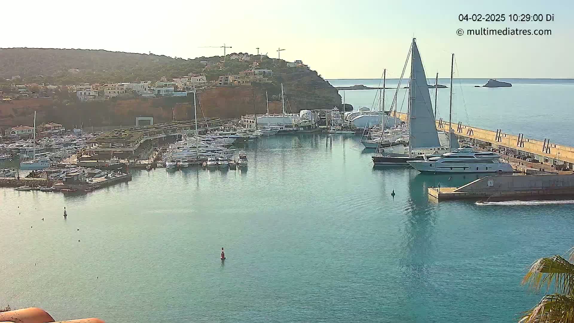 A marina filled with numerous yachts and sailboats is situated near a hillside town under a clear sky.