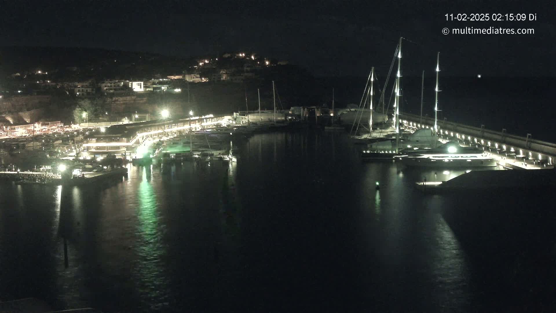 A nighttime view of a marina filled with boats, illuminated by lights, with a hill in the background under a clear, dark sky.