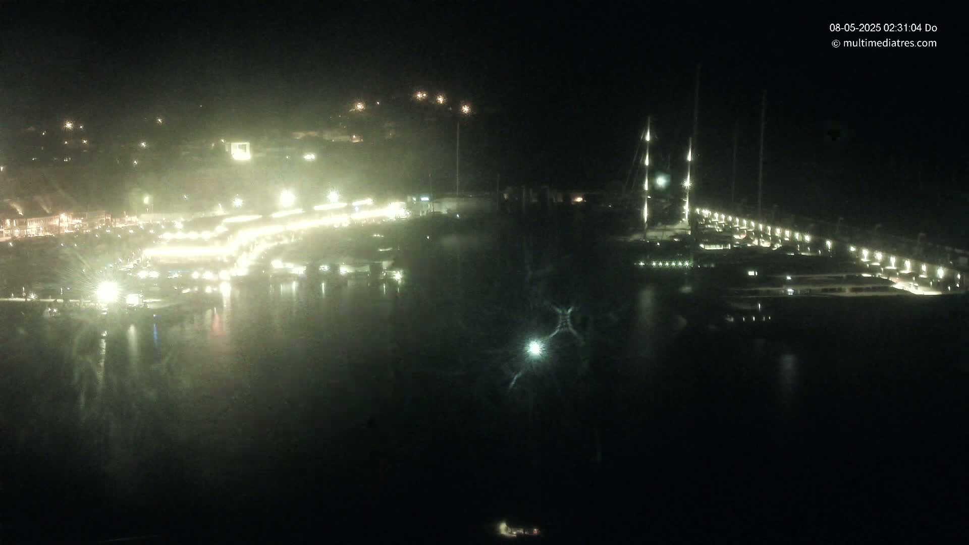 A nighttime, hazy view of a marina with boats docked and illuminated buildings along the shore.