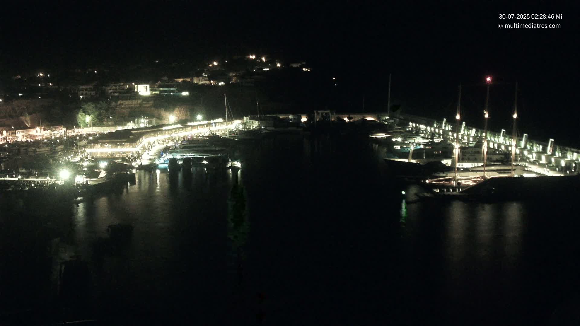 A marina filled with yachts and boats is nestled along a red cliffside overlooking a calm, blue sea under a mostly sunny sky.