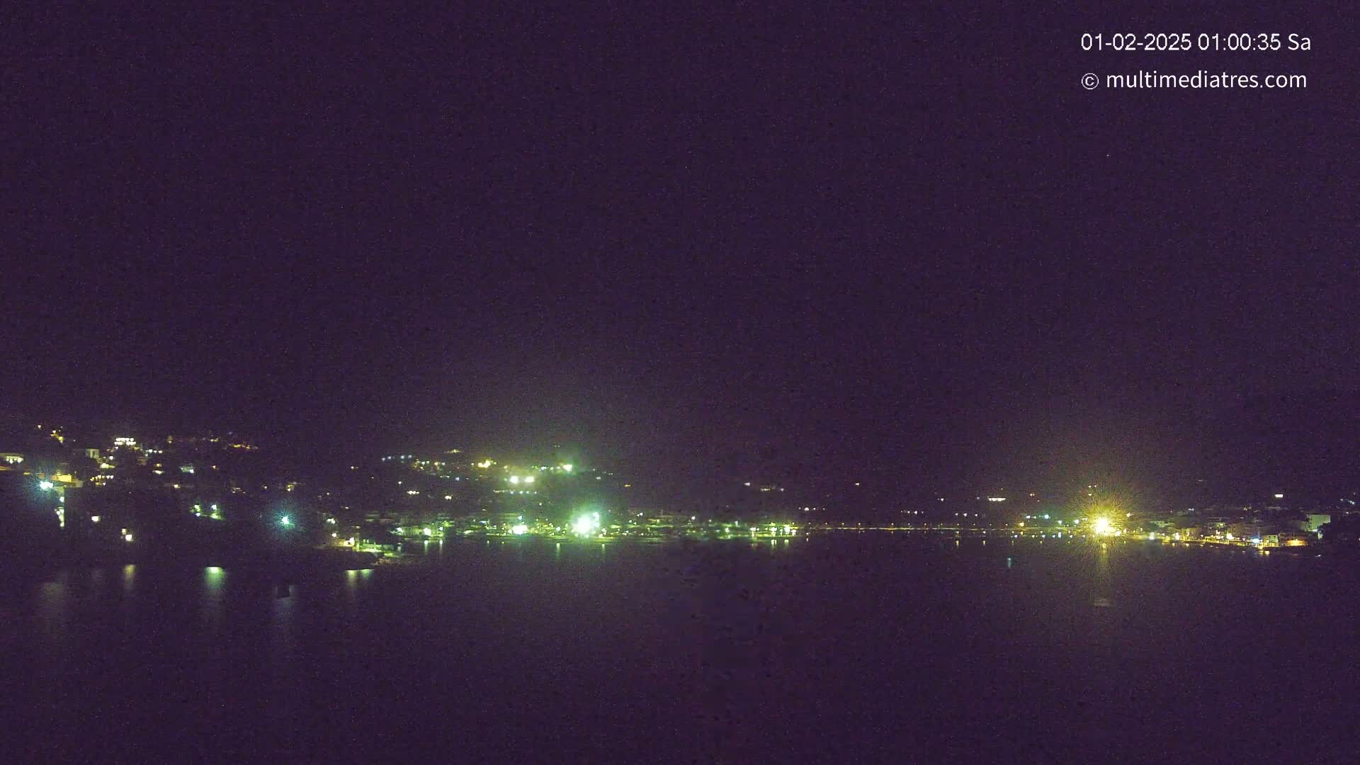 A nighttime, long shot of a town's lights across a dark body of water.