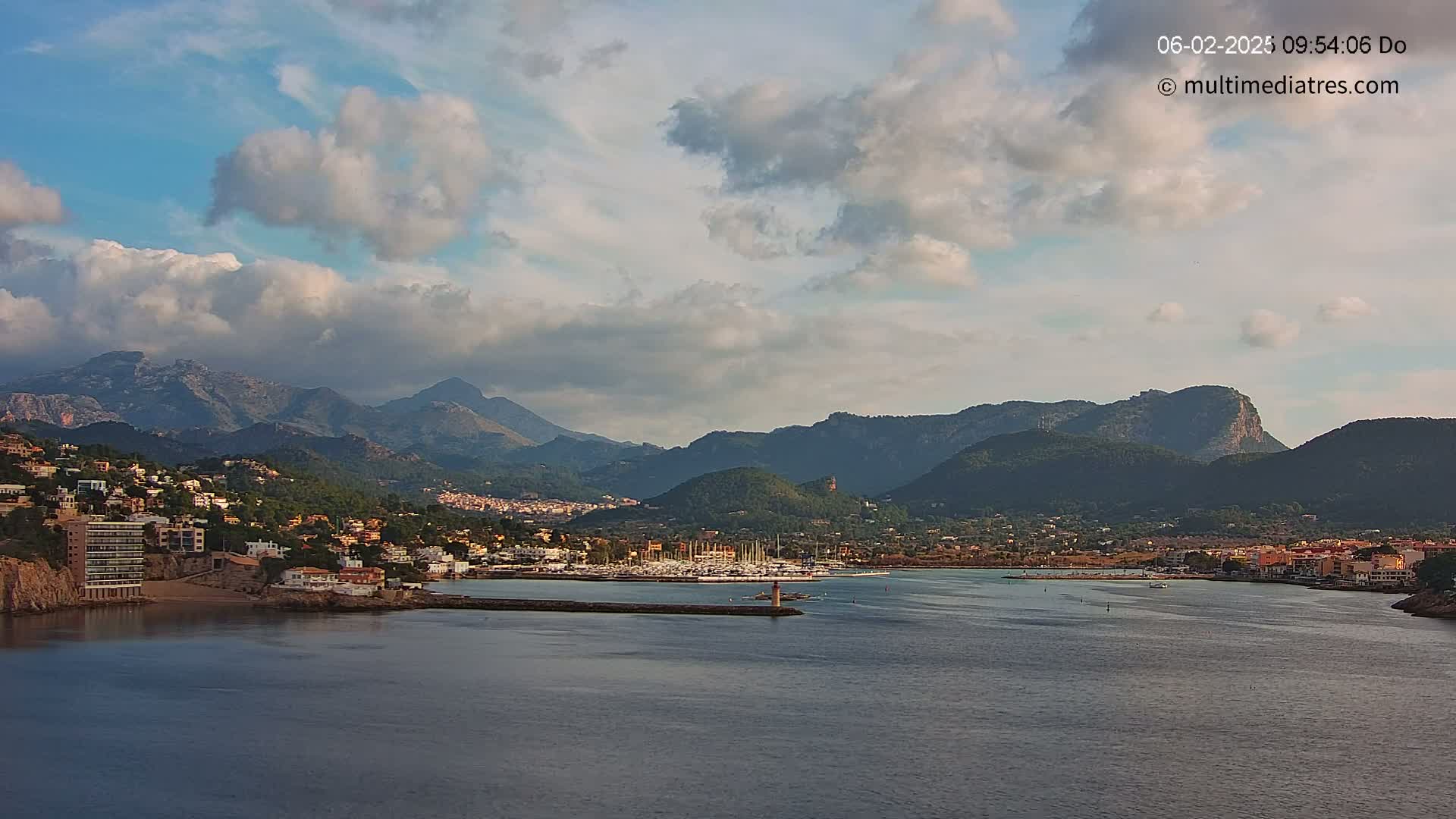 A coastal town nestled between mountains and a calm bay under a partly cloudy sky.