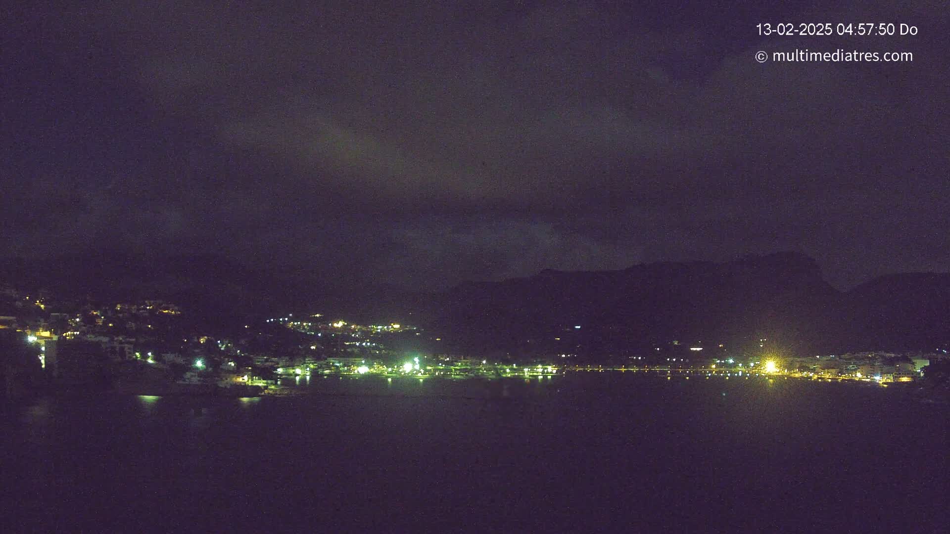 A nighttime view of a town nestled along a dark, calm body of water, situated at the base of a mountain range under a cloudy sky.