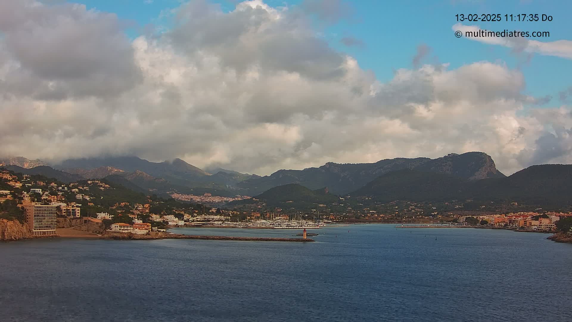 A coastal town nestled between mountains and a calm bay under a partly cloudy sky.