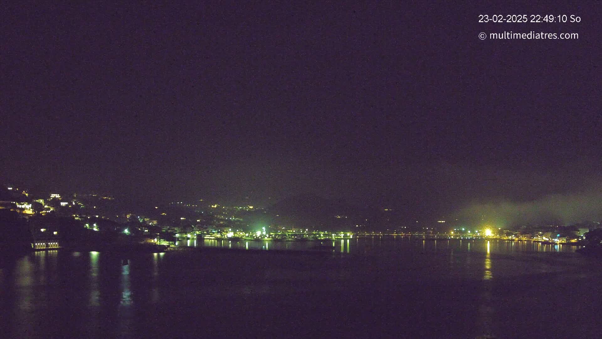 A nighttime view of a city on a hillside across a calm body of water under a dark sky.