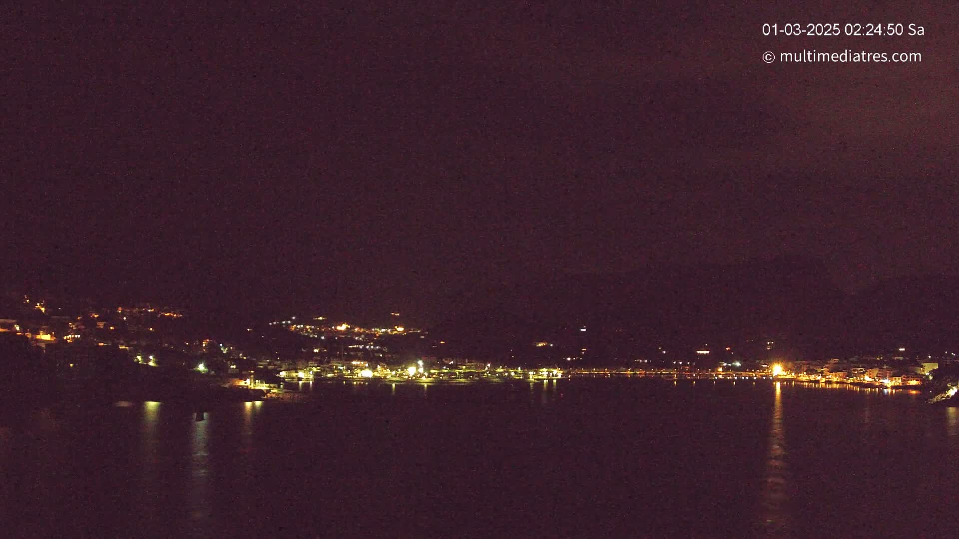 A nighttime view of a town's lights along a dark body of water under a clear, dark sky.