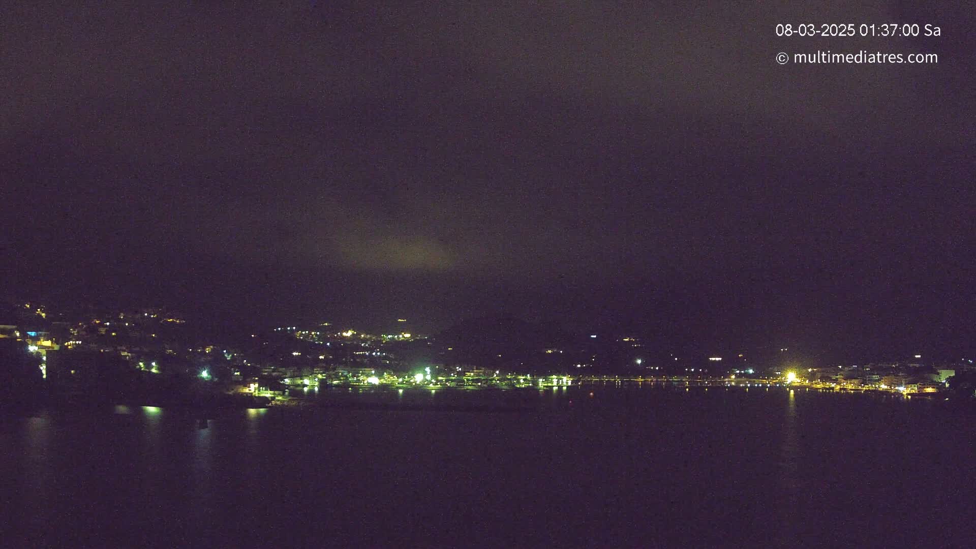A nighttime view of a coastal town with scattered lights along a dark body of water under a cloudy sky.