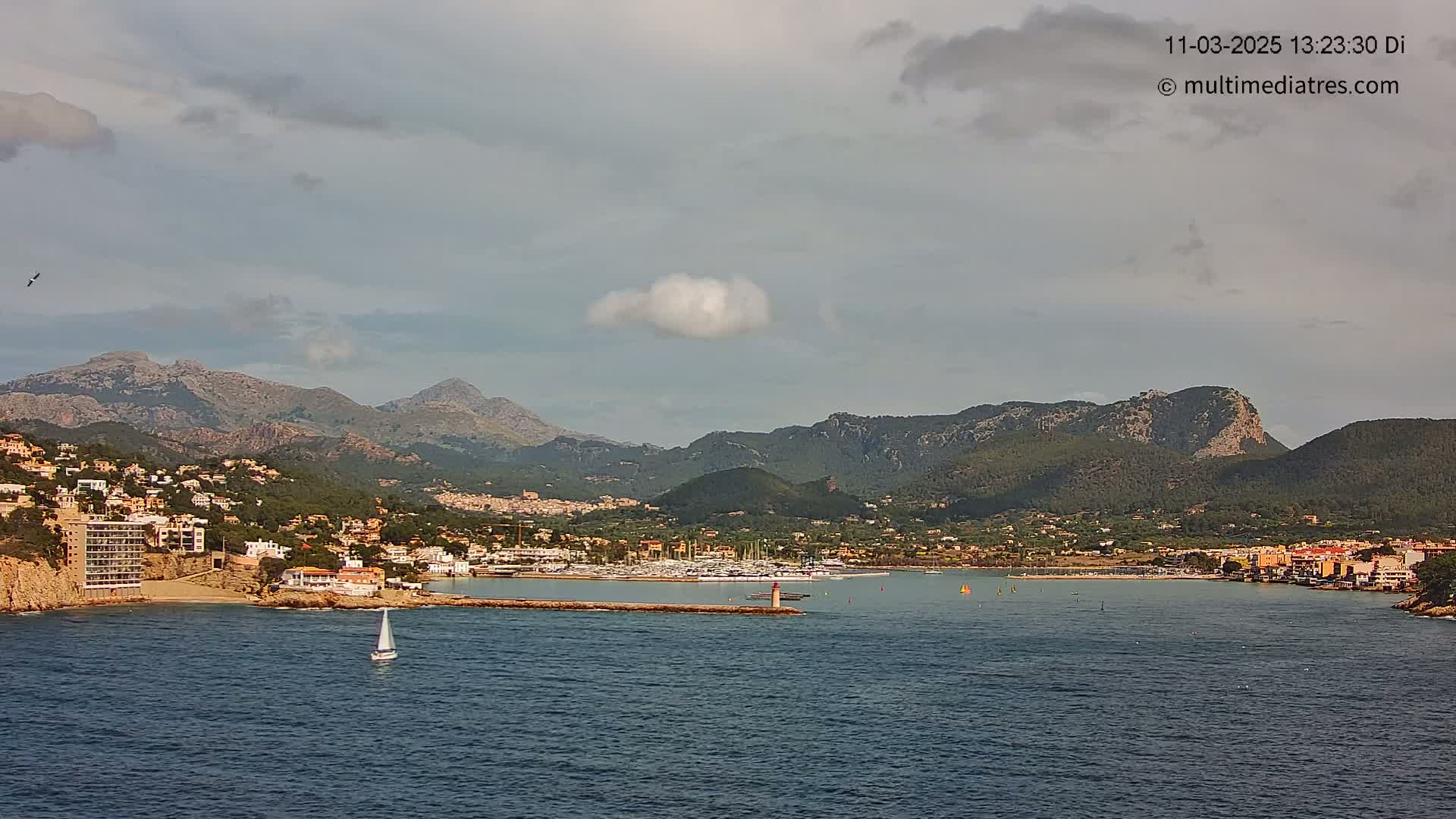A sailboat is visible on a calm body of water in front of a coastal town nestled against a mountainous backdrop under a mostly cloudy sky.