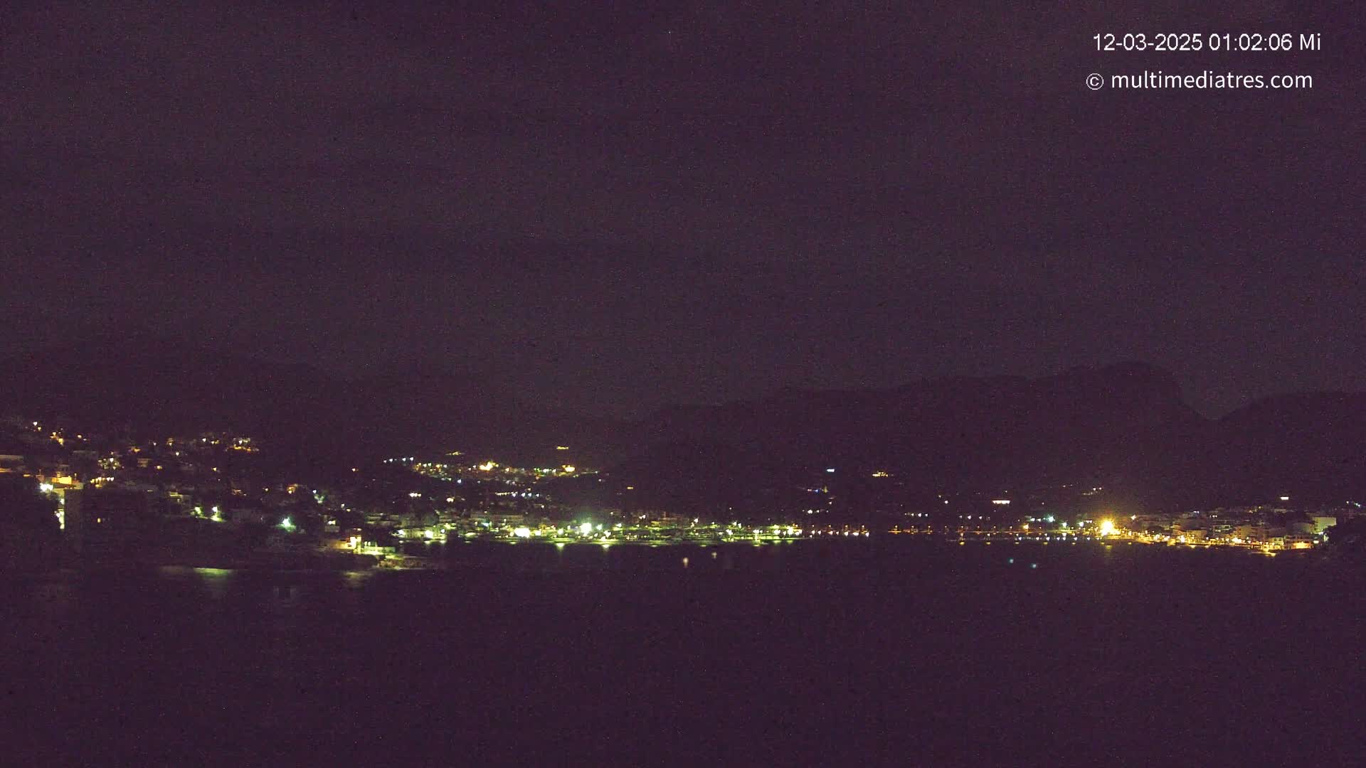 A nighttime long shot shows a coastal town illuminated by lights nestled between dark hills, under a clear, dark sky.