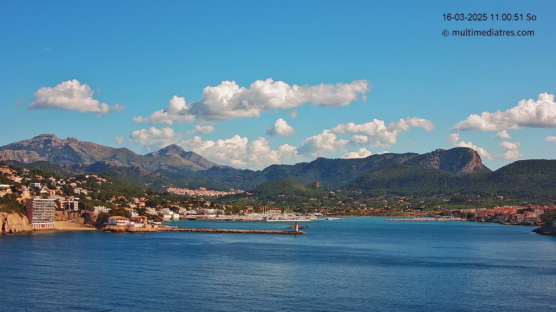 A coastal town nestled between mountains and a calm, blue sea under a partly cloudy sky.