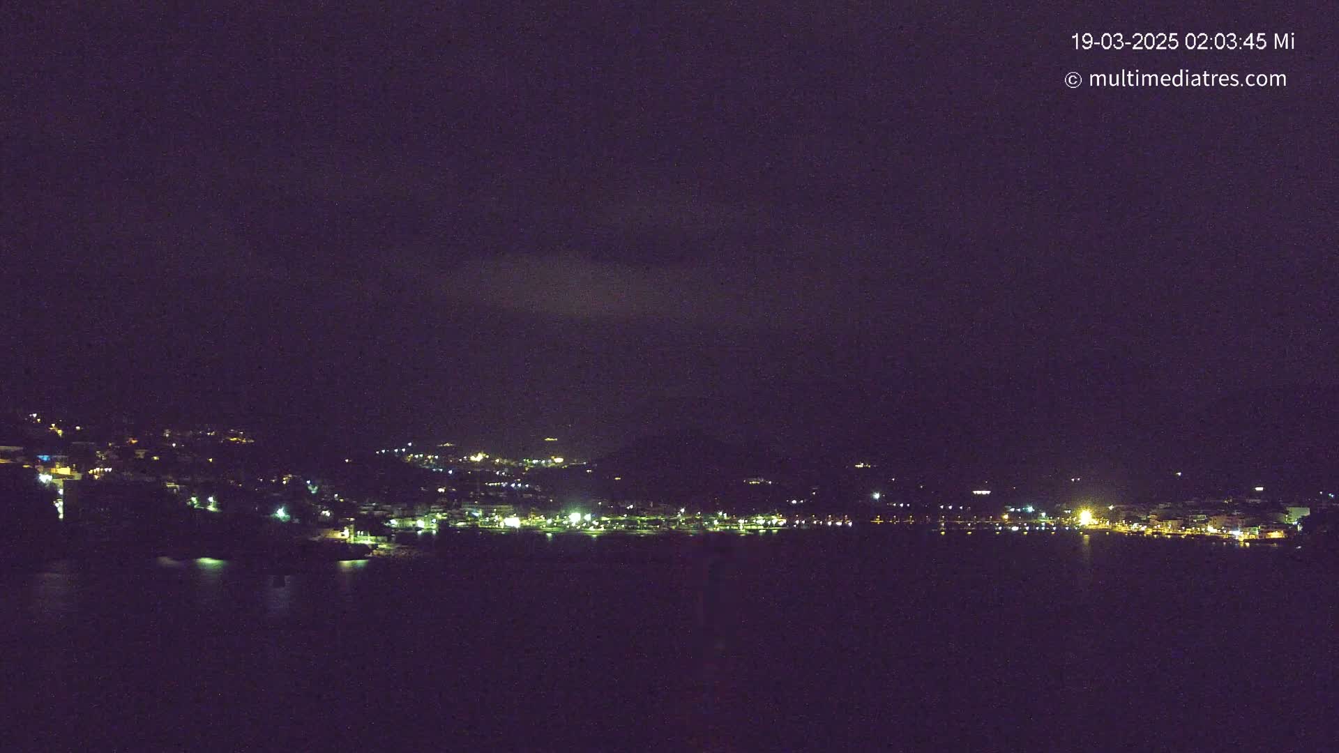 A nighttime long shot shows a dark, coastal town with faint lights scattered across a hillside, next to a dark body of water under a mostly clear, dark sky.