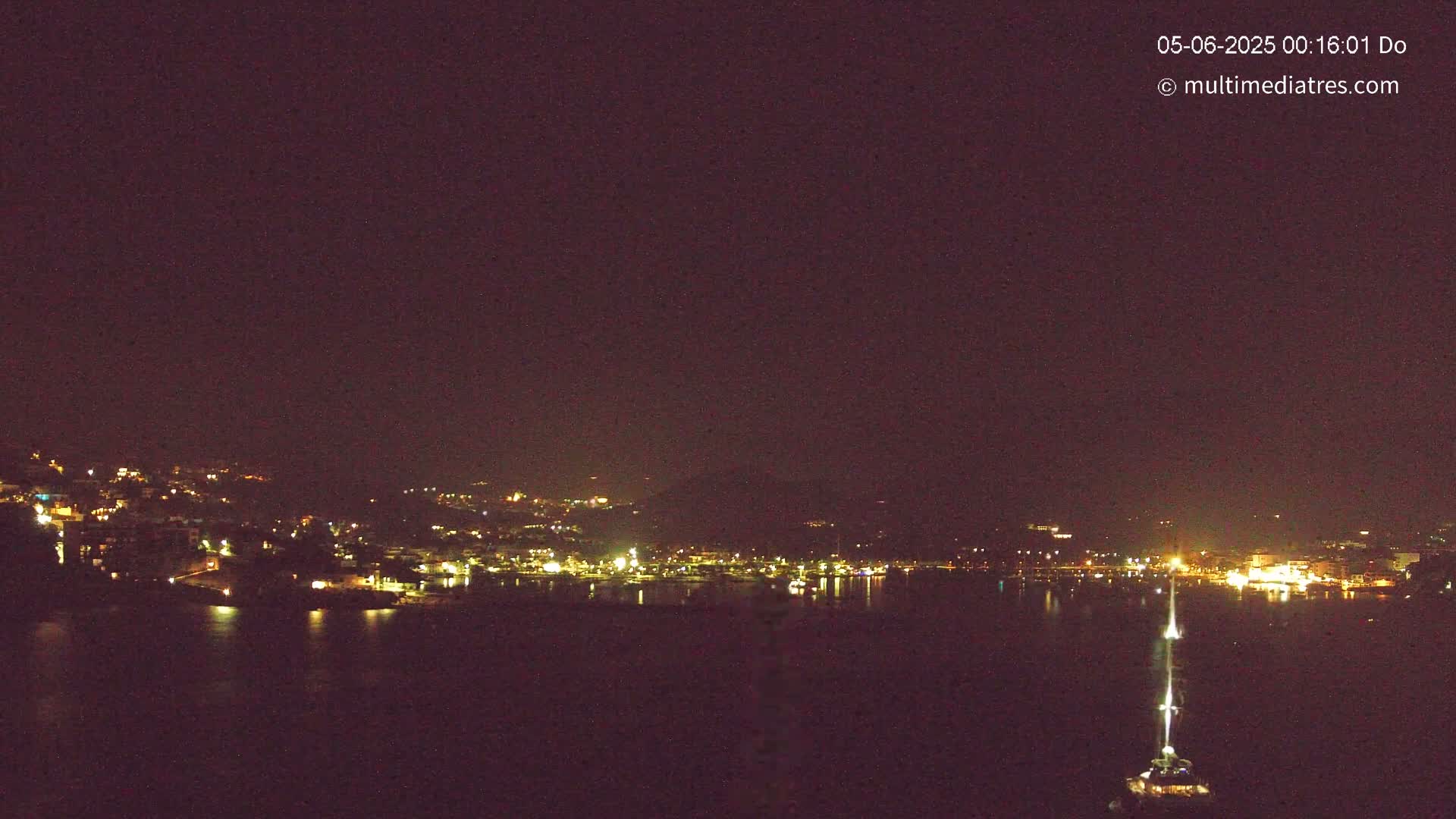 A nighttime view of a coastal town with its lights reflecting on calm water under a dark sky.