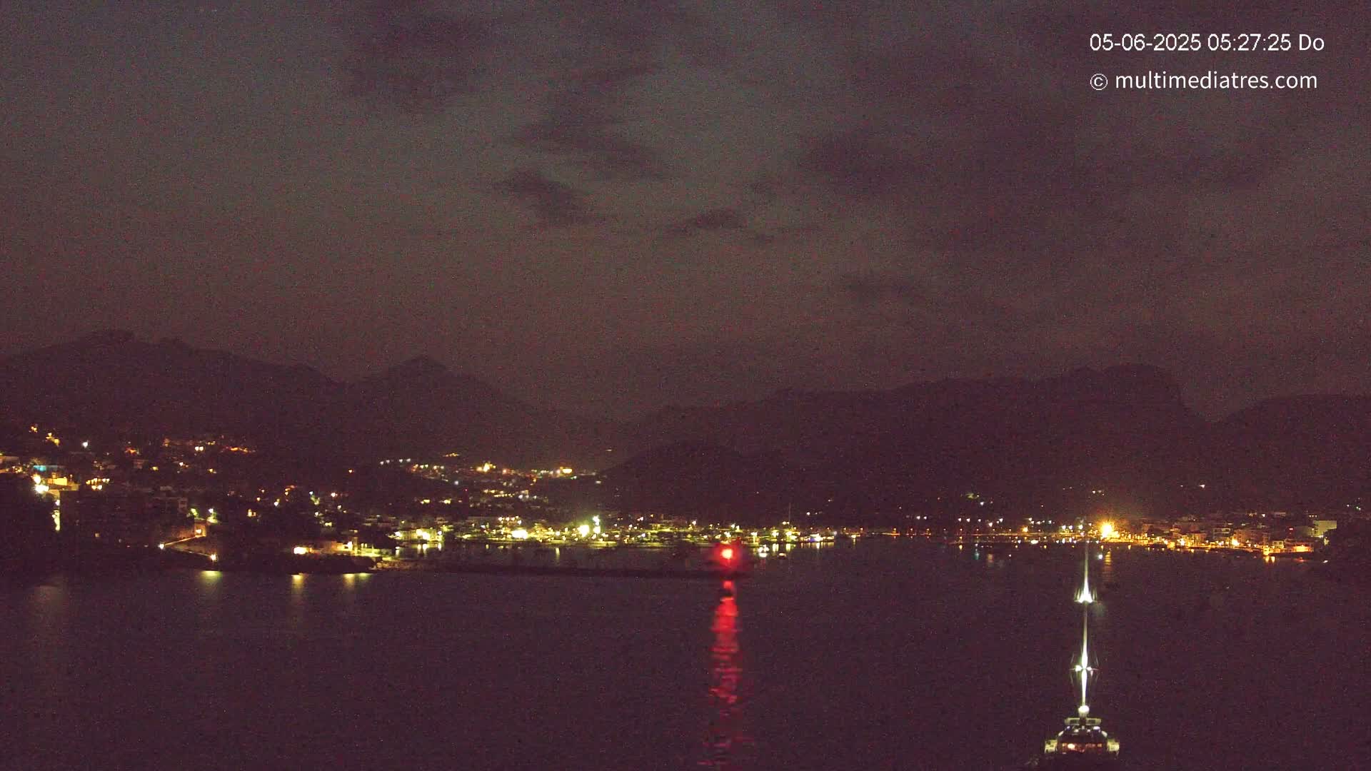 A nighttime view of a coastal town illuminated with lights, nestled between dark mountains under a mostly clear, dark sky.