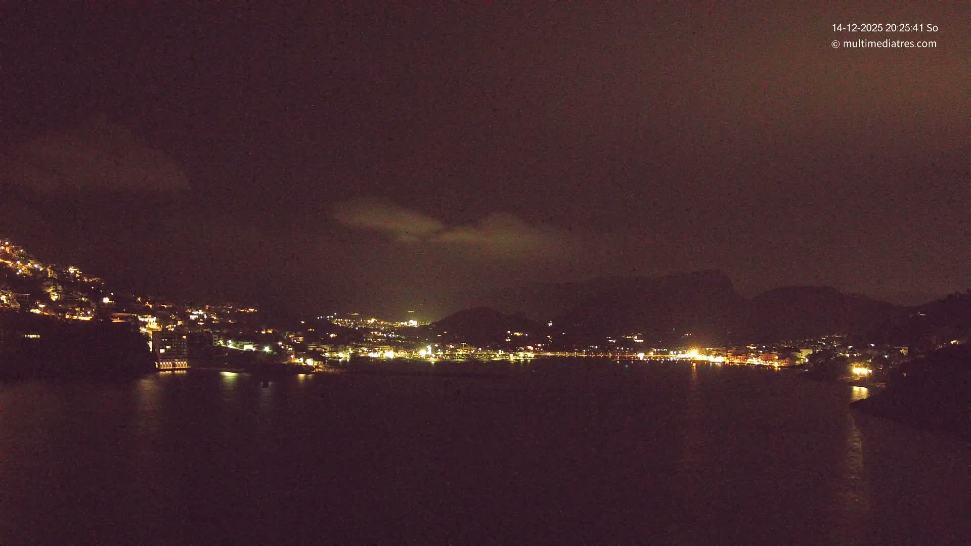 A picturesque coastal town with buildings sprawling up green hillsides lines a deep blue bay featuring a pier with a lighthouse and a marina full of boats, all under a bright blue sky dotted with scattered white clouds.