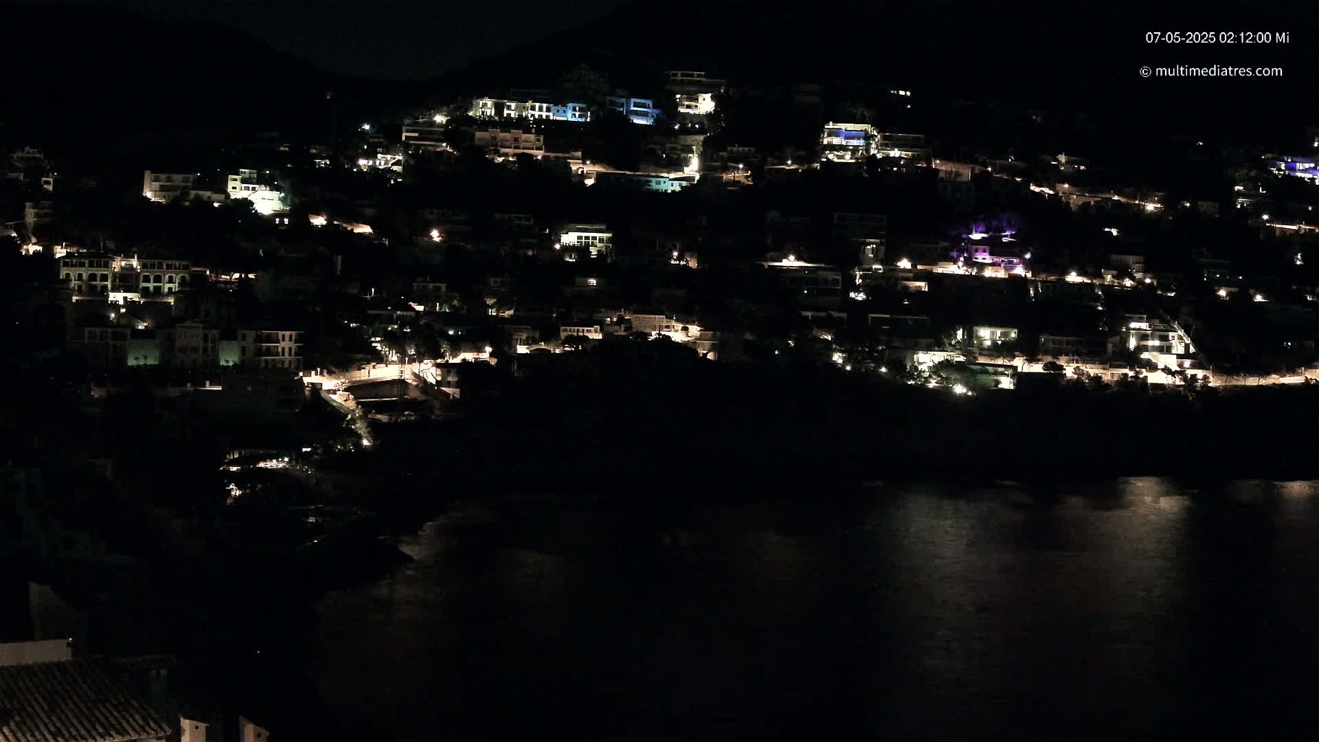 A hillside town at night, illuminated by the lights of numerous buildings, overlooks a dark body of water.