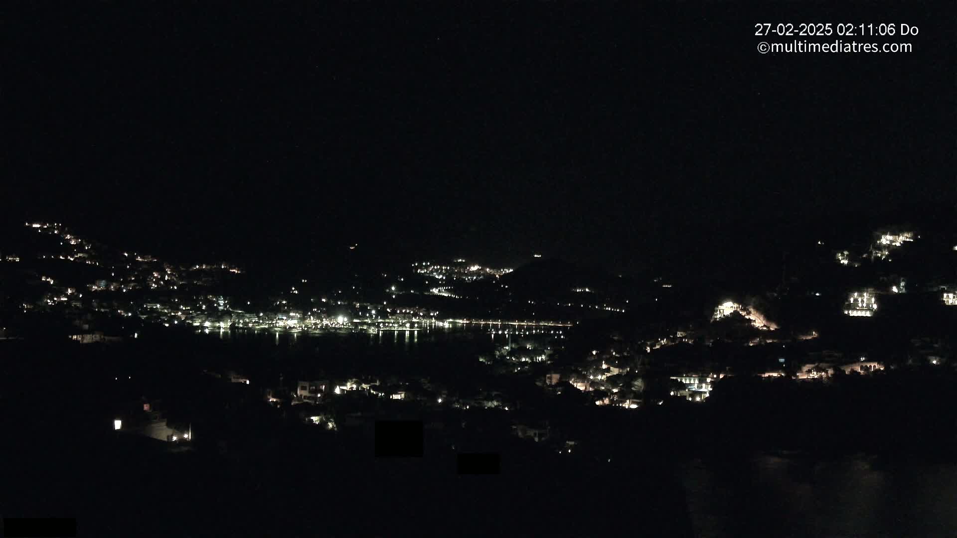 A nighttime view of a coastal town illuminated by scattered lights, nestled along a dark hillside and next to a body of water under a clear, dark sky.