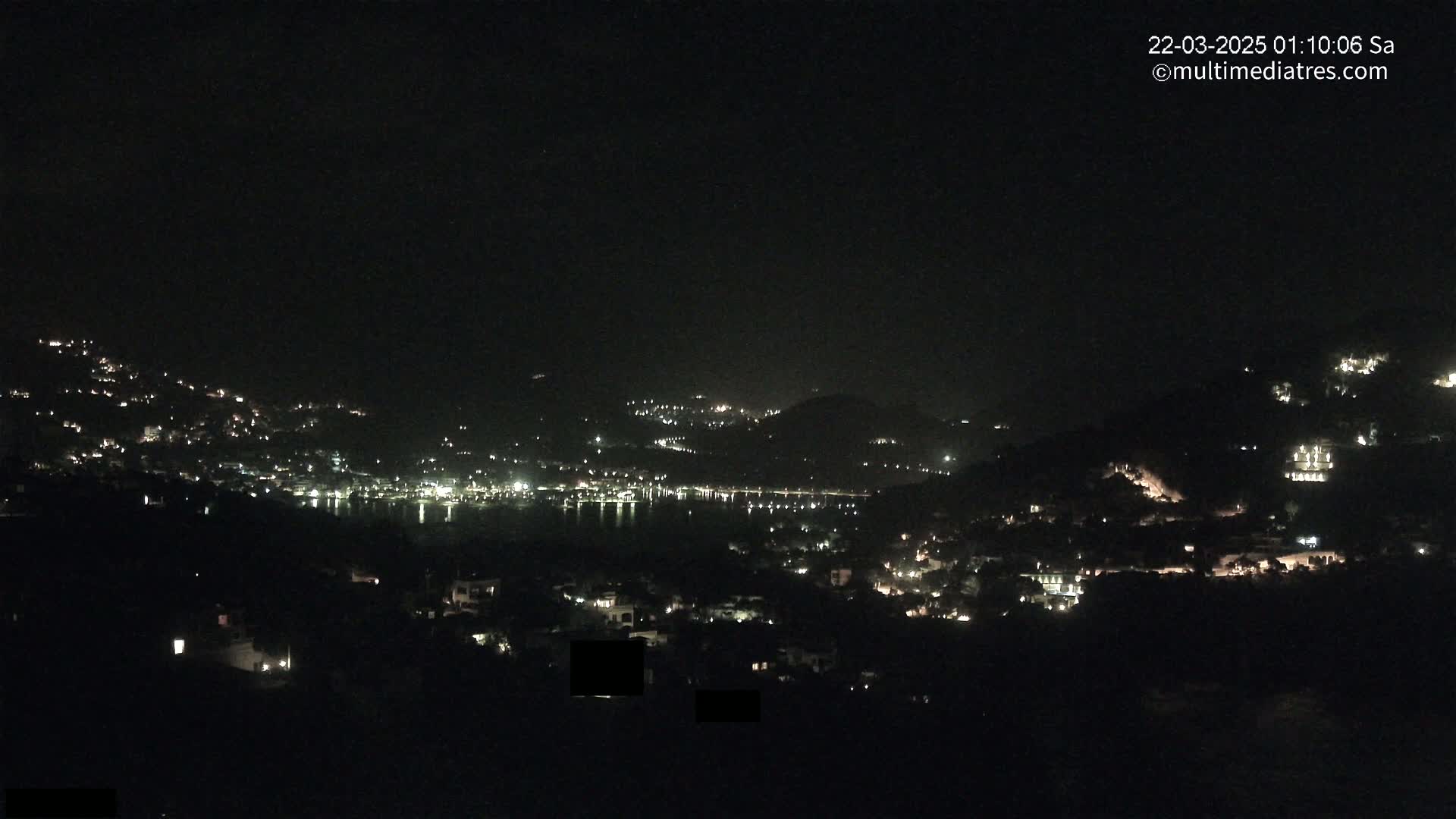 A nighttime view of a coastal town illuminated by scattered lights, nestled between dark hills and a calm body of water under a clear, dark sky.